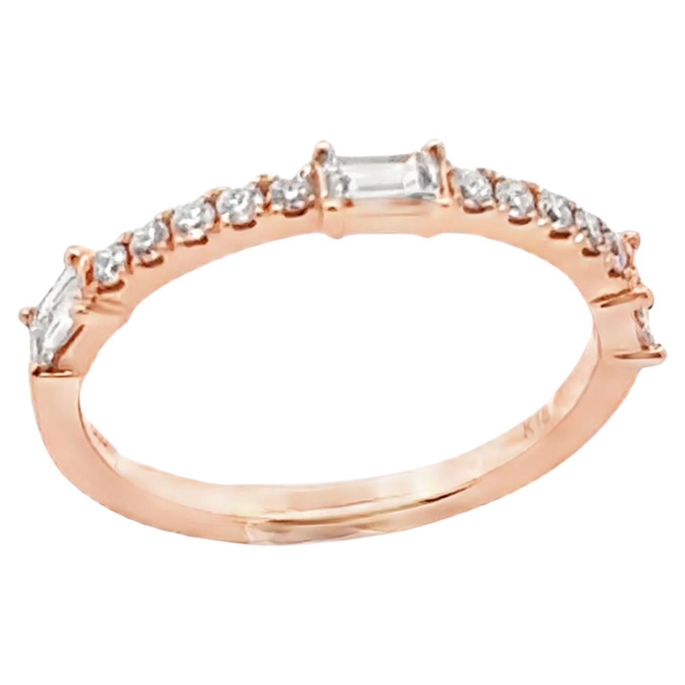 18K Rose Gold Band Ring with Round and Baguette Diamonds