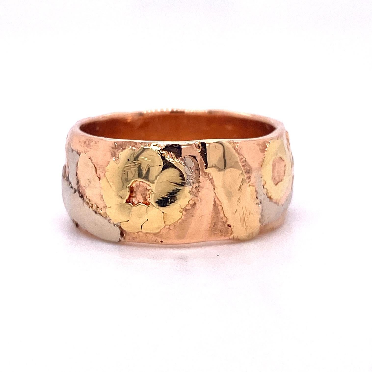 Contemporary 18 Karat Rose Gold Band with 18 Karat White and Yellow Gold Hammered Detail