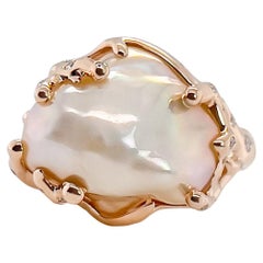 18k Rose Gold Baroque Pearl and Scattered Diamond Ring