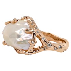 18k Rose Gold Baroque Pearl and Scattered Diamond Ring