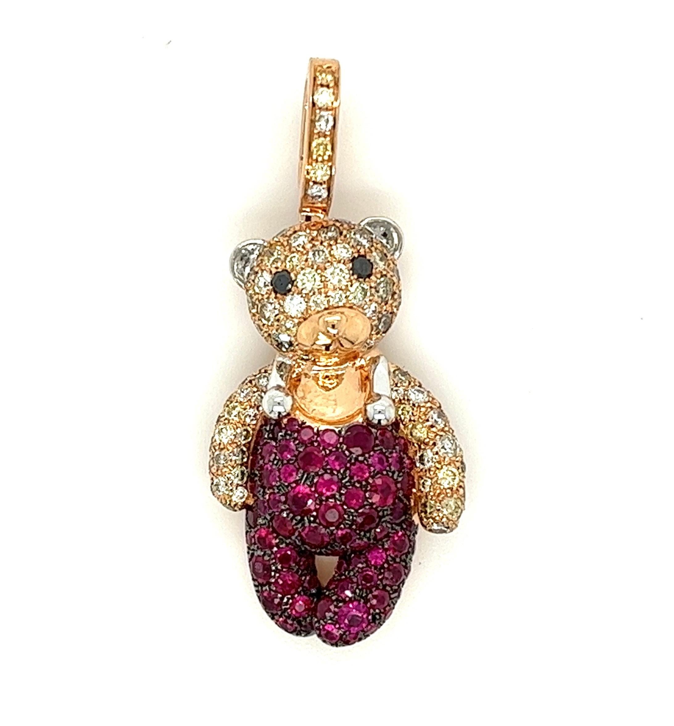 Modern 18K Rose Gold Bear Ruby Pendant with Diamonds For Sale