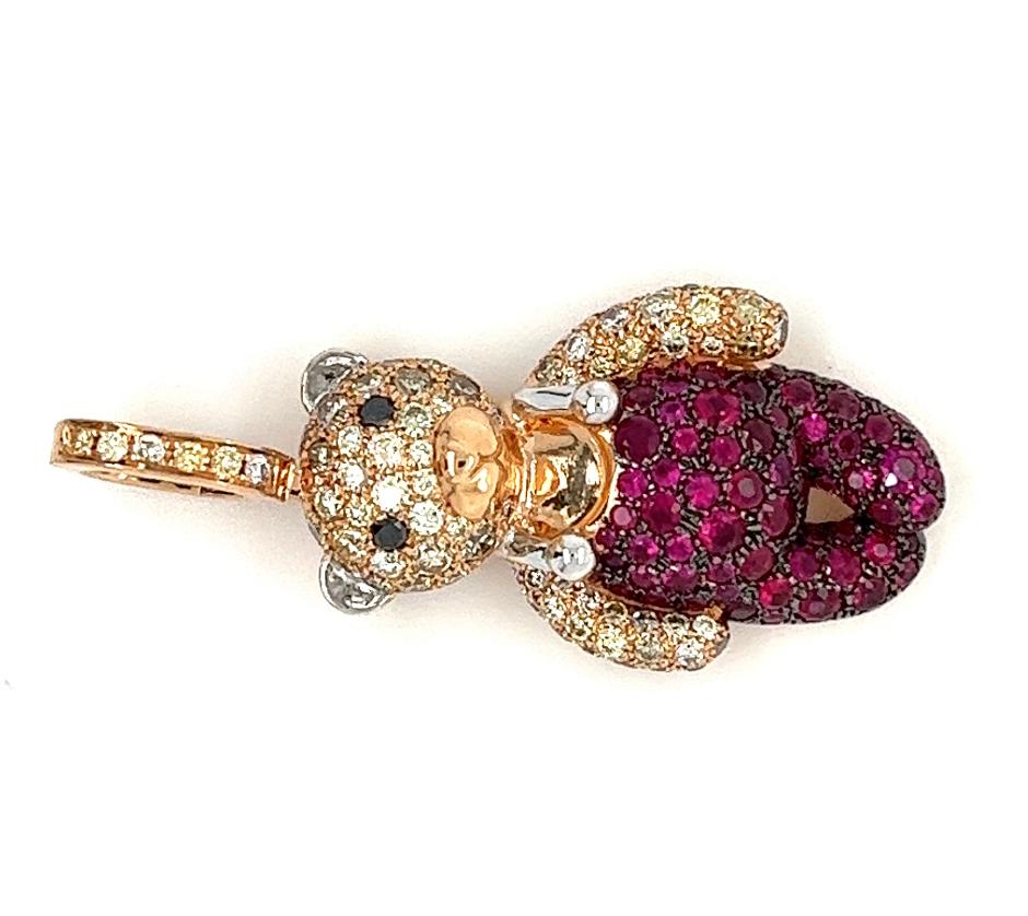 Round Cut 18K Rose Gold Bear Ruby Pendant with Diamonds For Sale