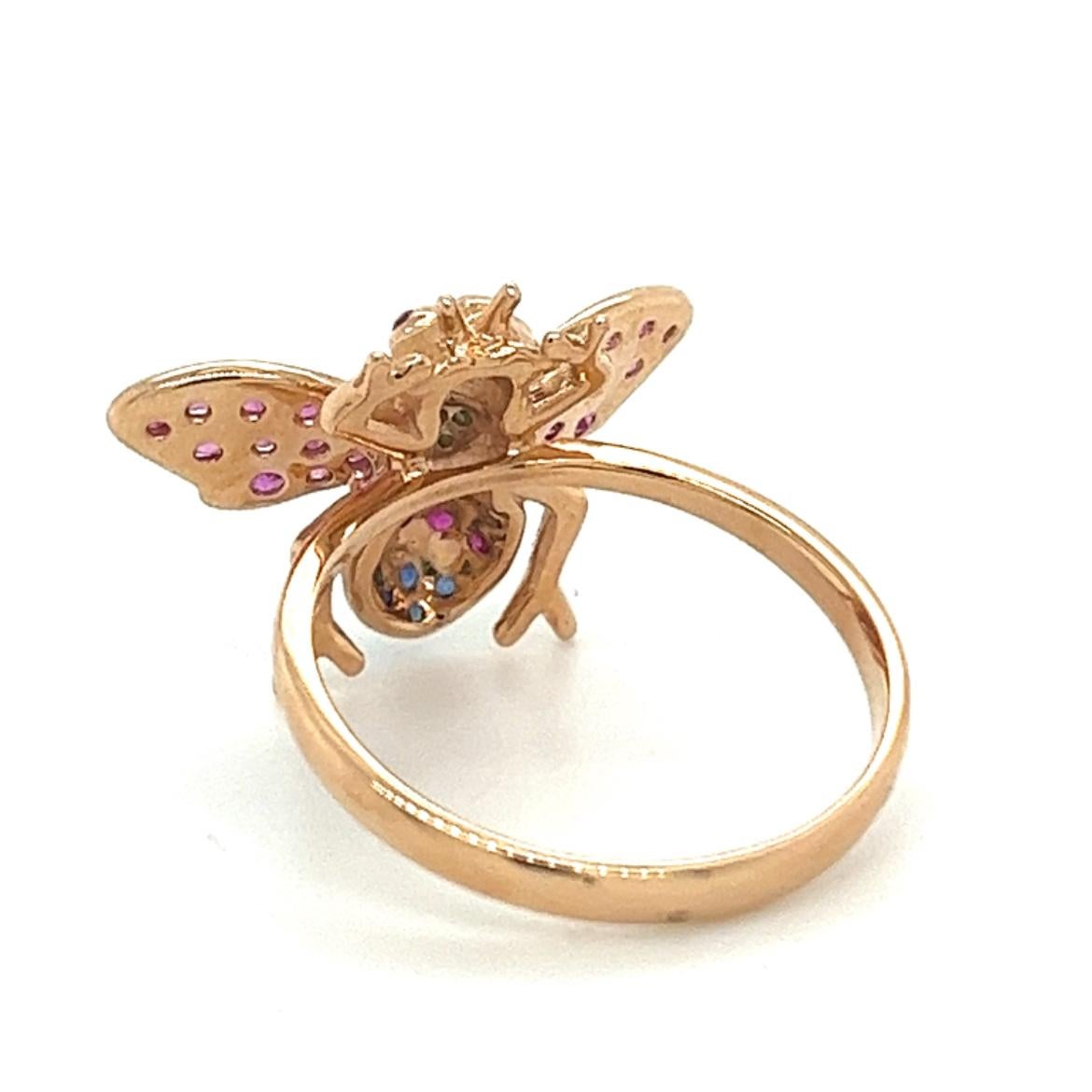 Modern 18K Rose Gold Bee Ring with Diamonds & Pink Sapphires  & Green Garnets For Sale