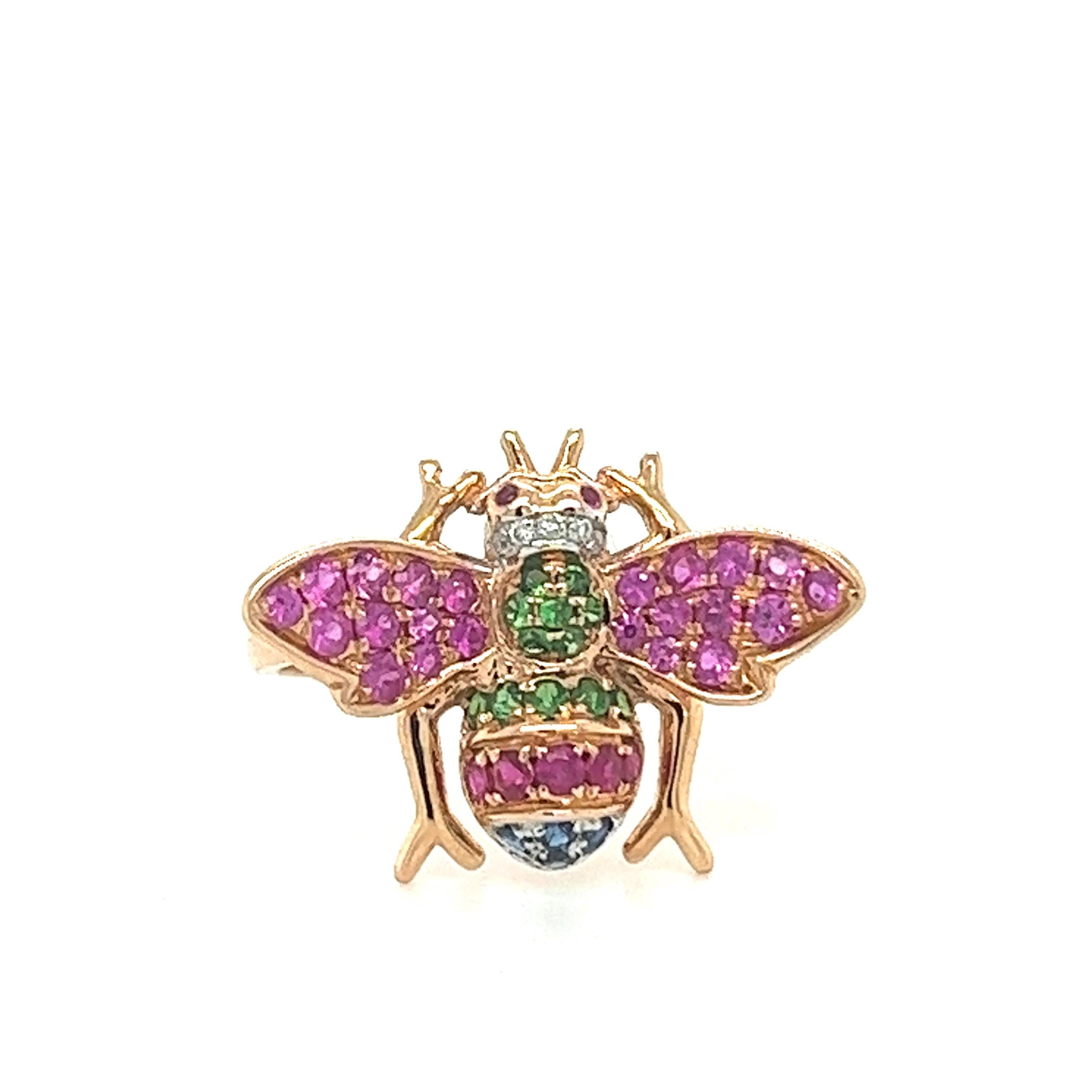 Round Cut 18K Rose Gold Bee Ring with Diamonds & Pink Sapphires  & Green Garnets For Sale