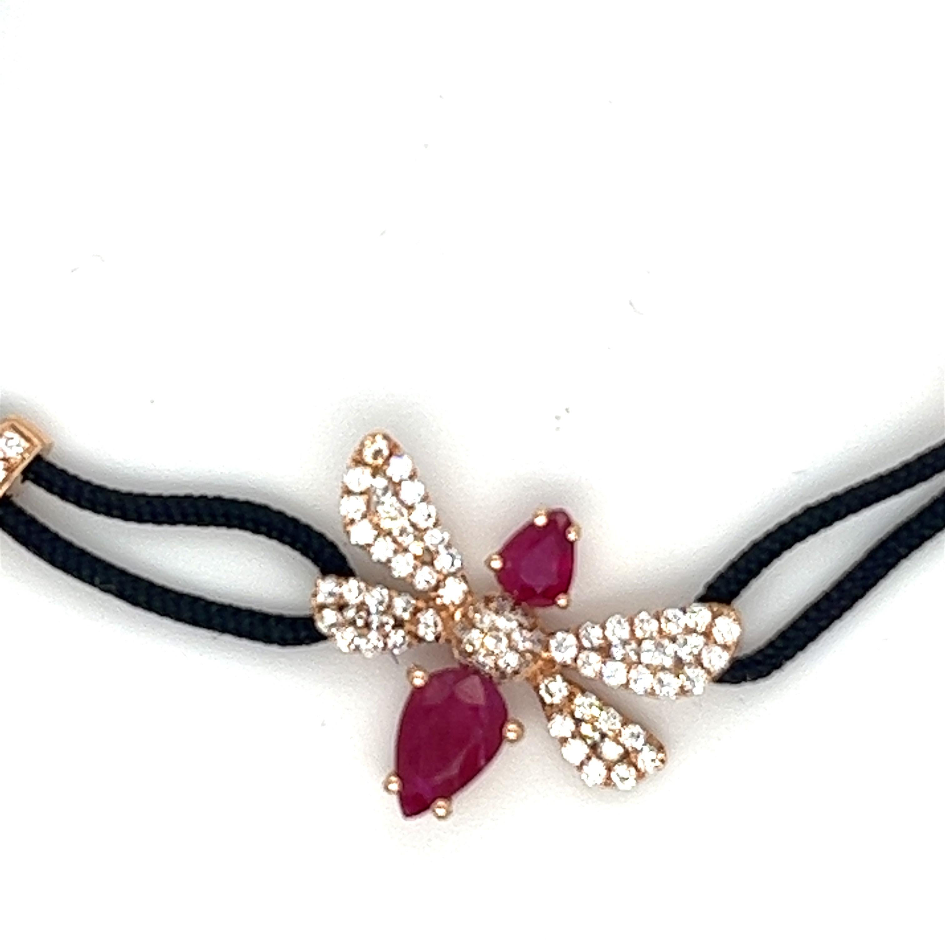 Modern 18K Rose Gold Bee Ruby Woven Bracelet with Diamonds For Sale