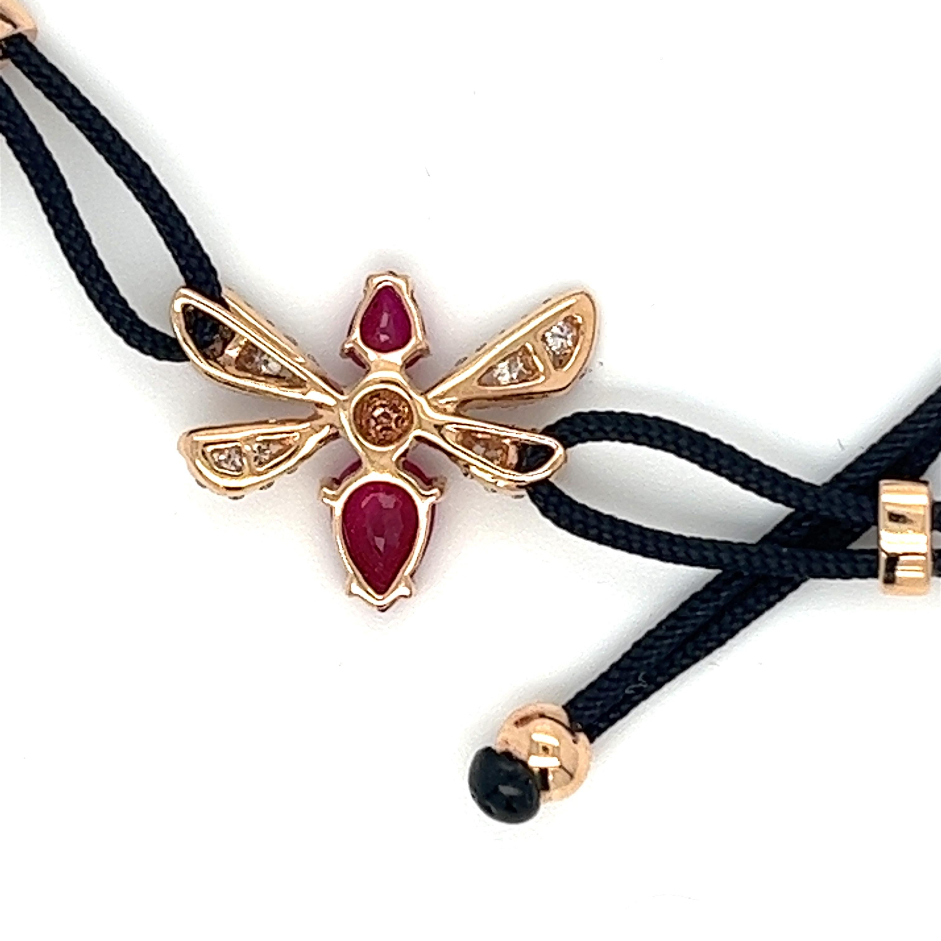 Cushion Cut 18K Rose Gold Bee Ruby Woven Bracelet with Diamonds For Sale