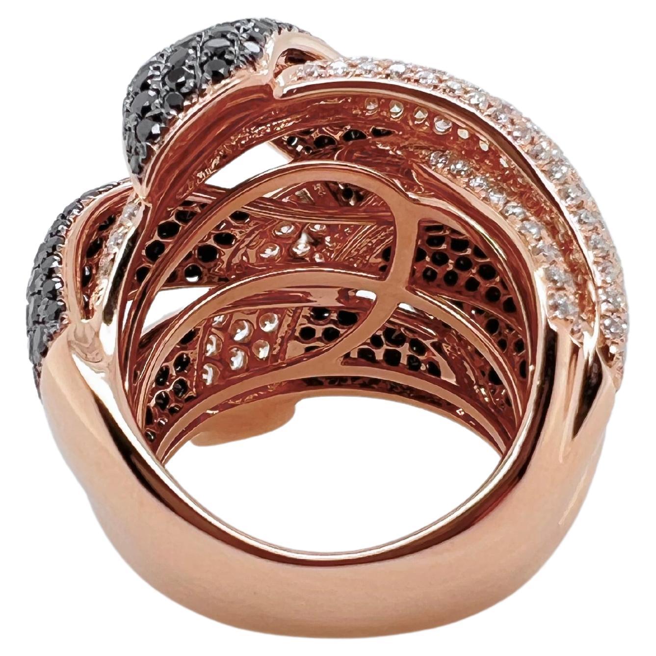 Contemporary 18k Rose Gold Black and White Diamond Knot Ring  For Sale
