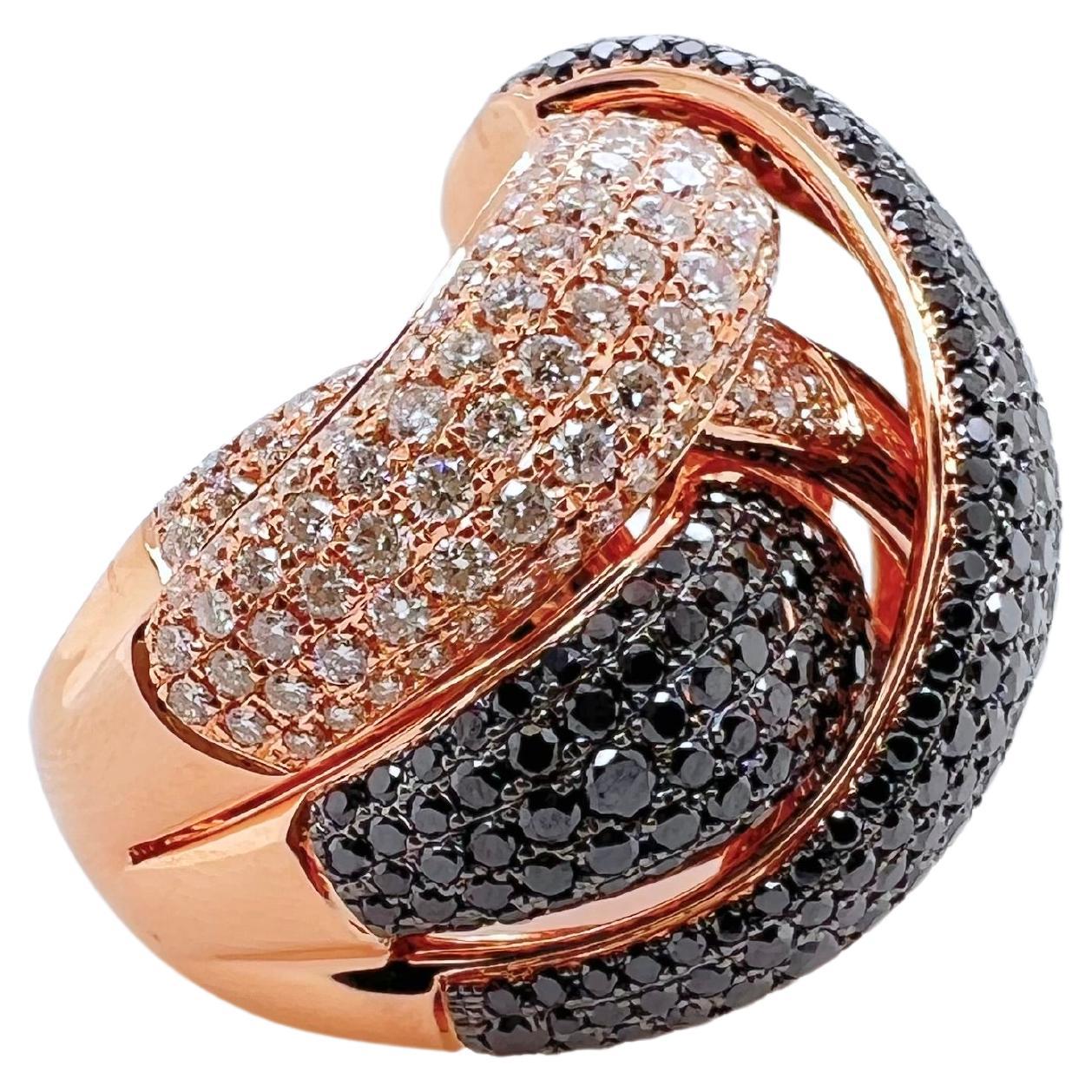 Brilliant Cut 18k Rose Gold Black and White Diamond Knot Ring  For Sale