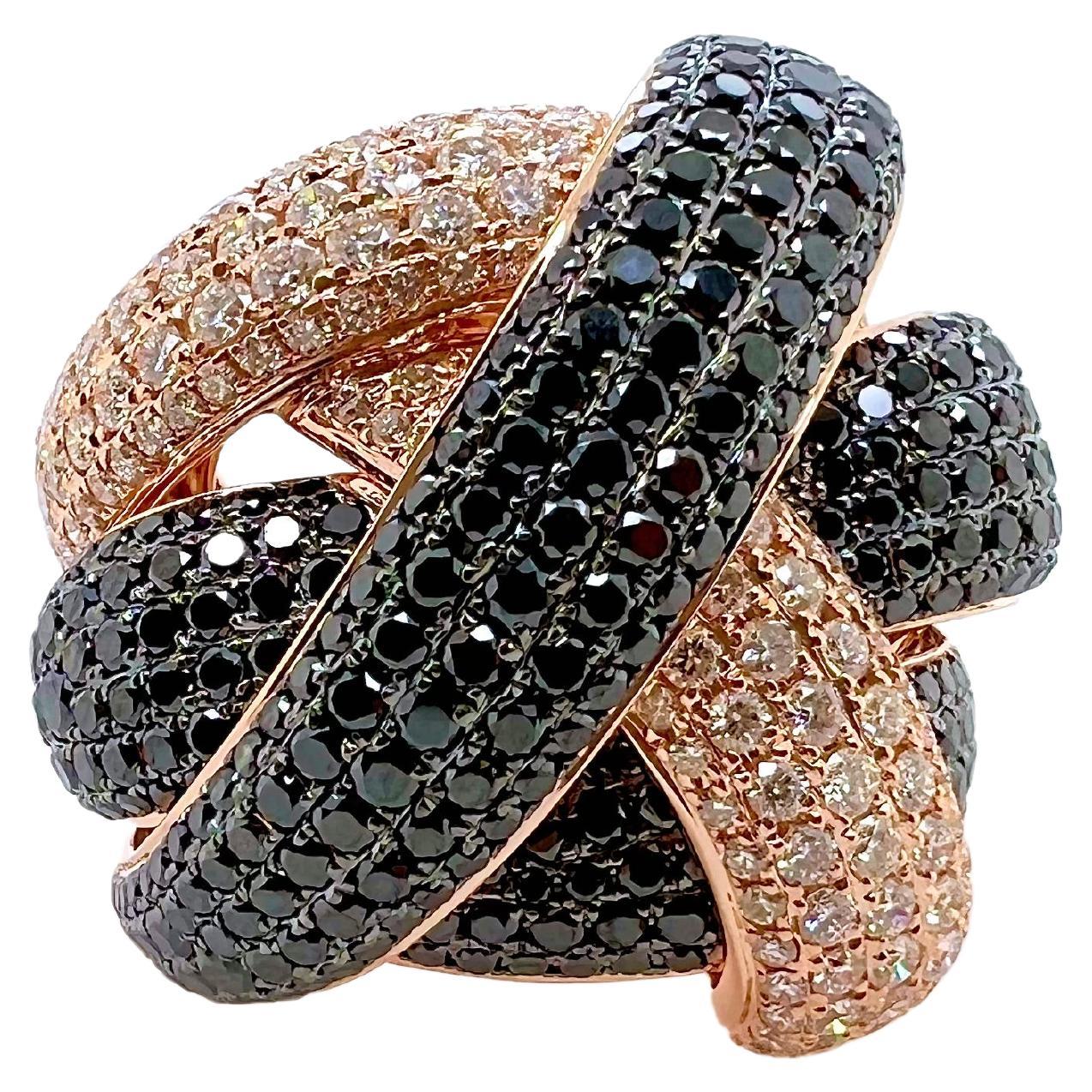 18k Rose Gold Black and White Diamond Knot Ring  For Sale