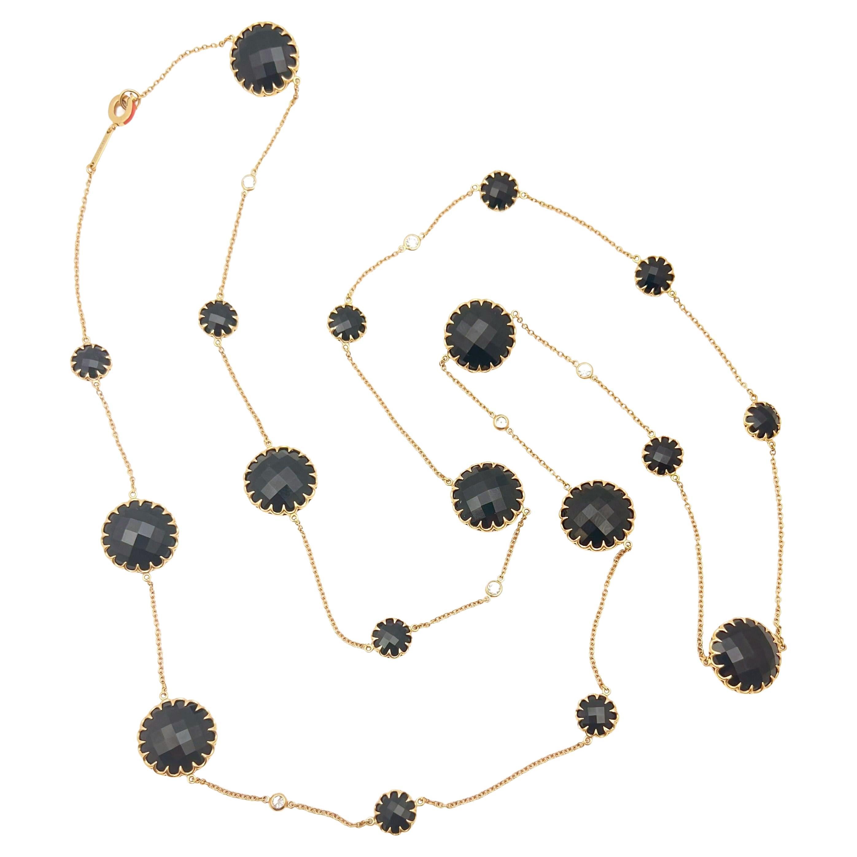 Collana a catena lunga in oro rosa 18k con diamanti e onice nero in vendita 1