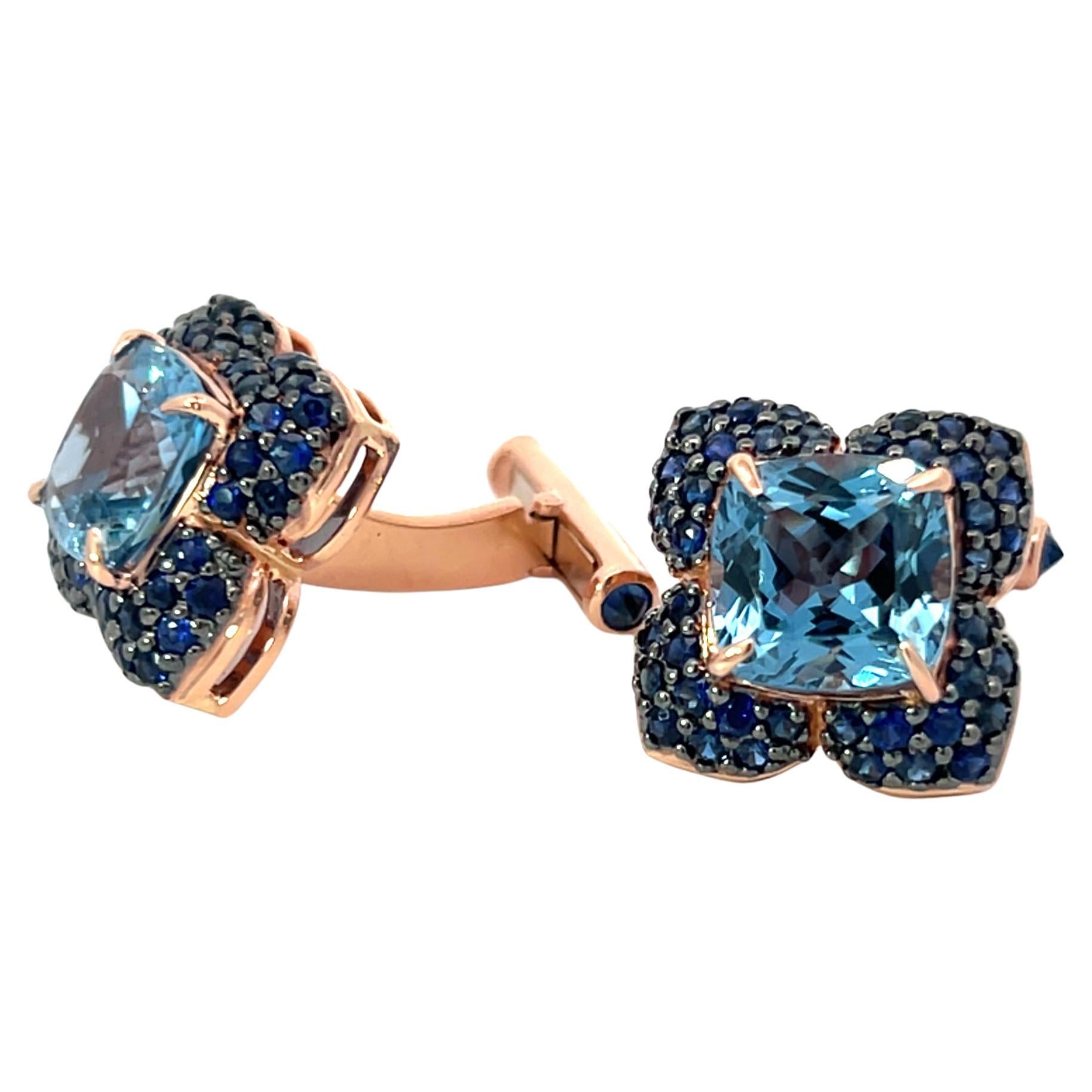 "David's Blues" Cufflinks 18k Rose Gold Blue Topaz and Blue Sapphires For Sale