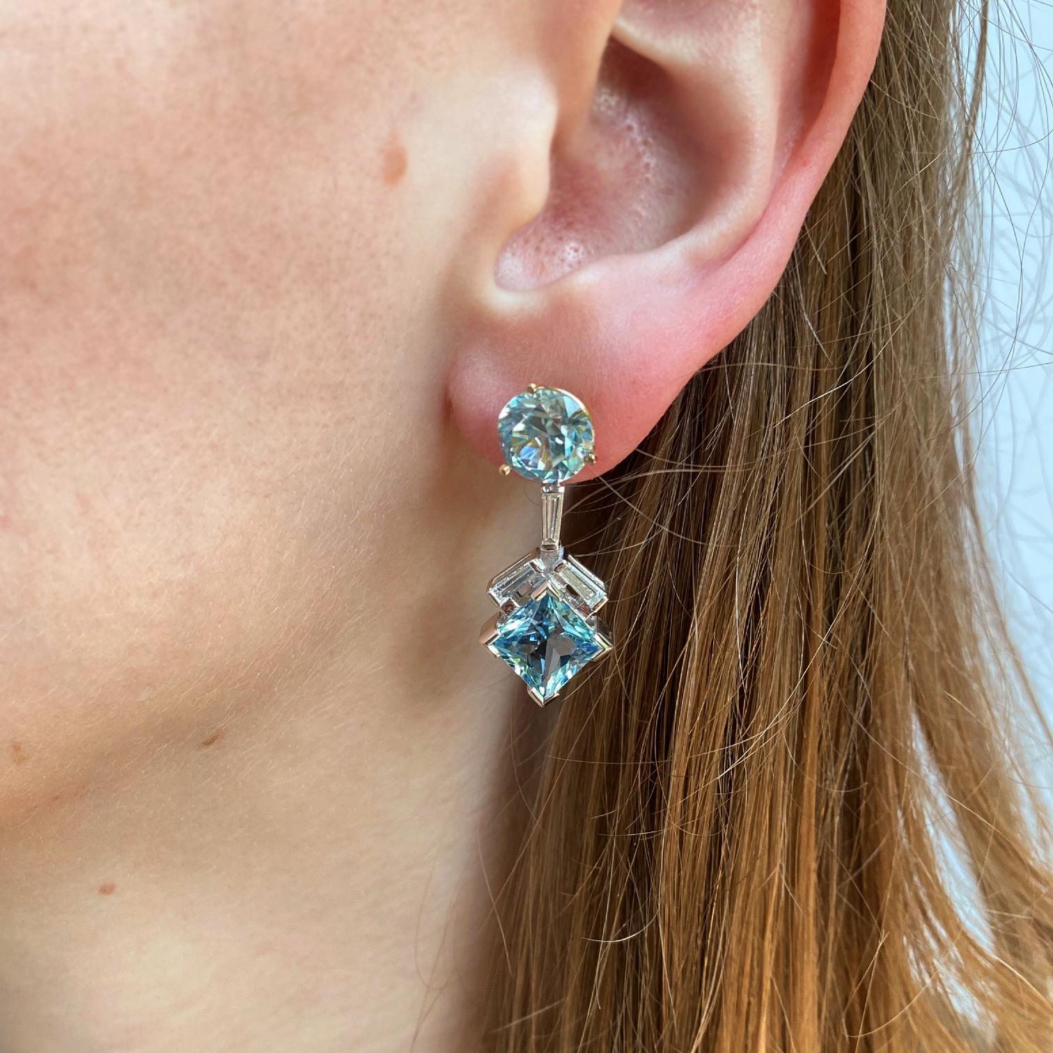 Women's 18 Karat Rose Gold Blue Zircon Studs with 18 Karat White Gold Aquamarine Jackets