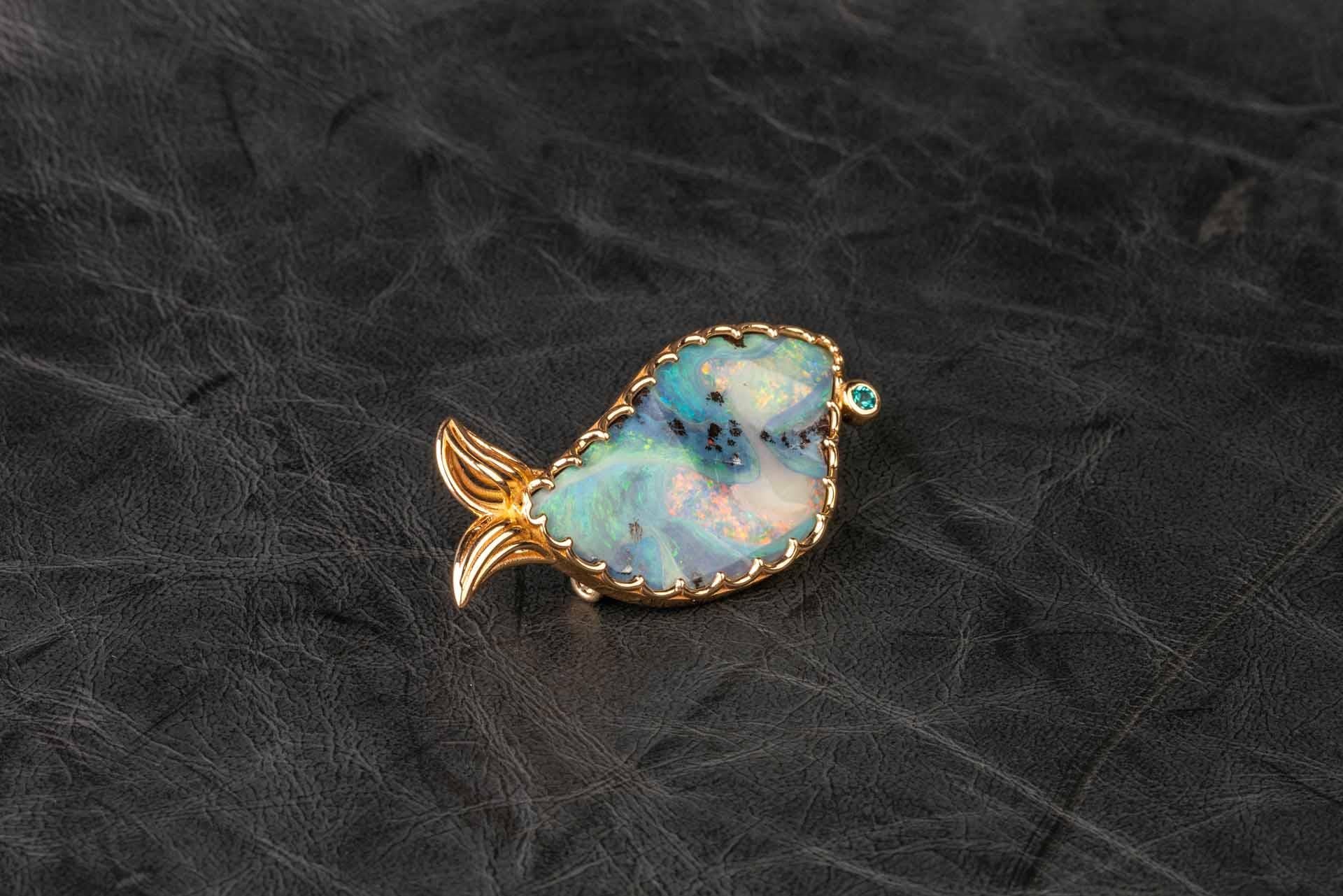 Contemporary 18 Karat Rose Gold Boulder Opal Brooch with a Paraiba Tourmaline