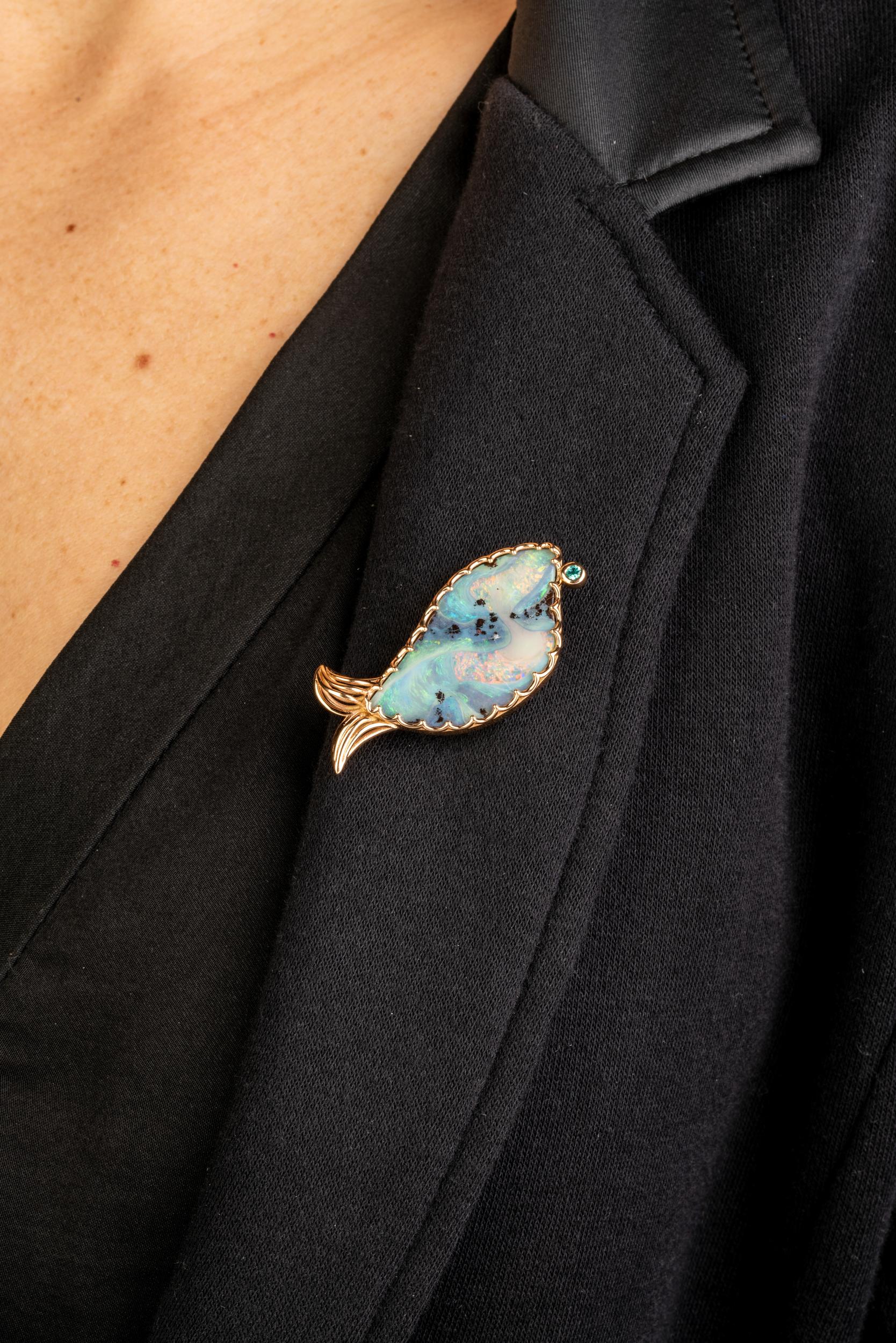 18 Karat Rose Gold Boulder Opal Brooch with a Paraiba Tourmaline In New Condition In Greenville, SC