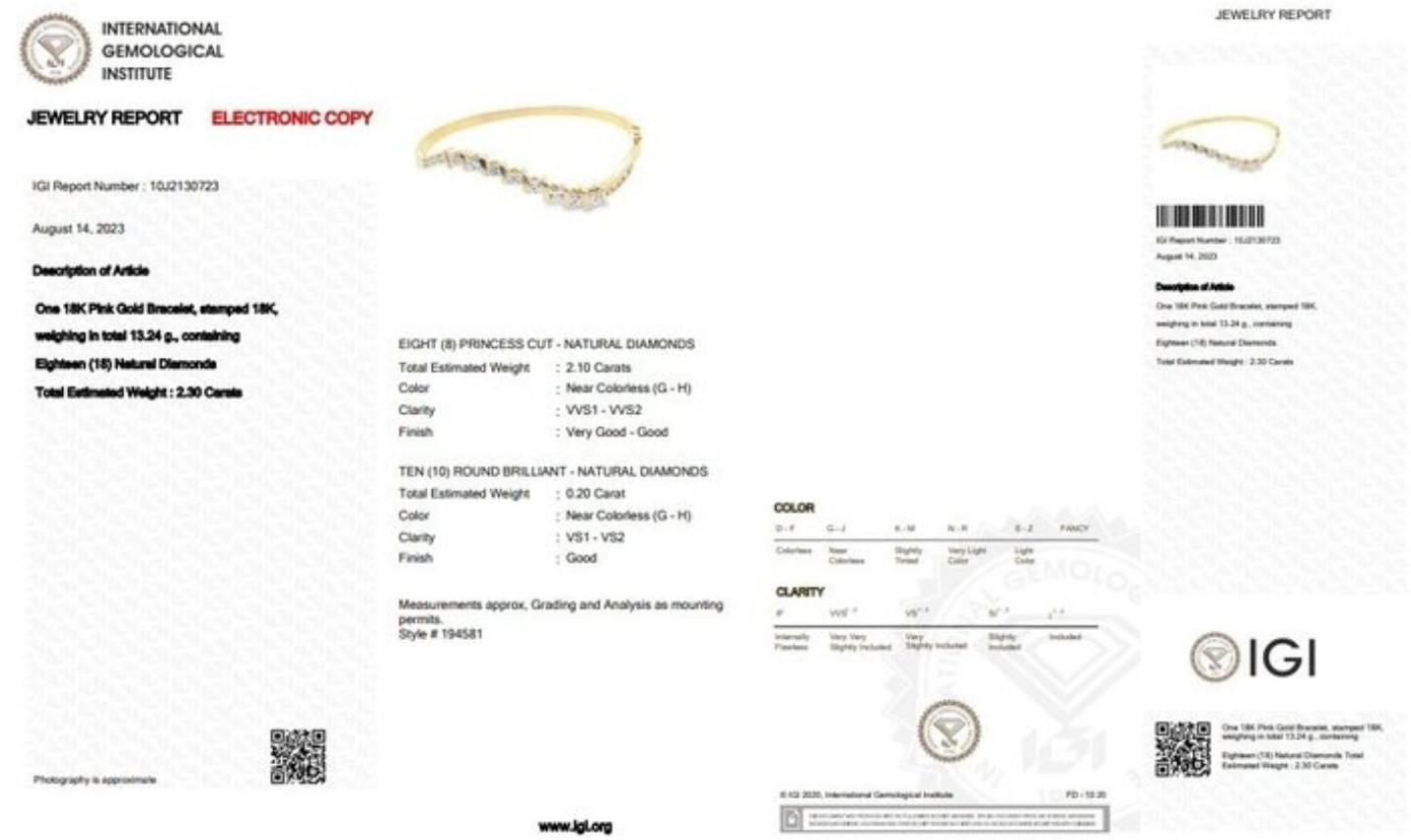 18K Rose Gold Bracelet with 2.1 Carat Princess Cut Diamond and Side Stones For Sale 4
