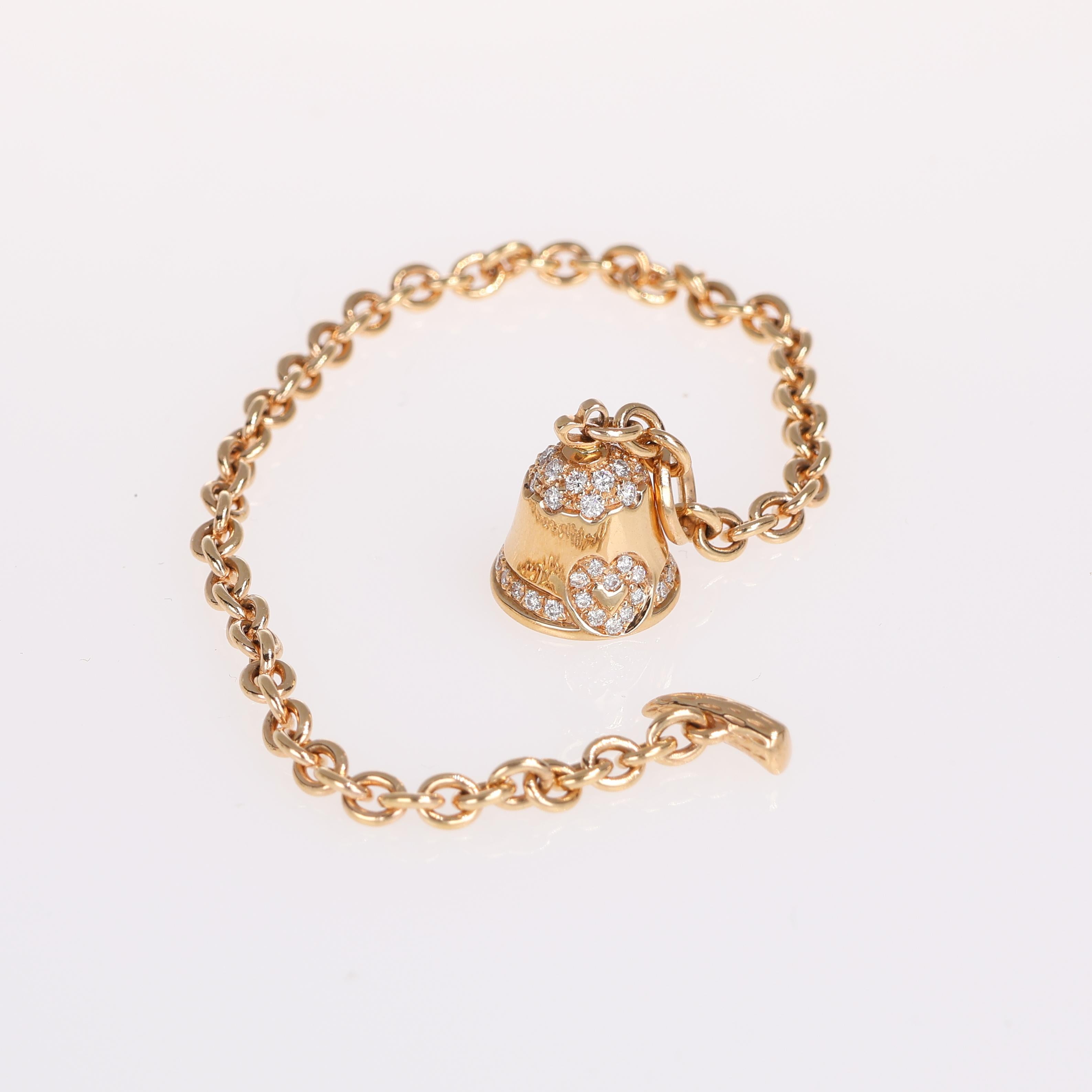 Brilliant Cut 18K Rose Gold Bracelet with Diamond Pavé Bell Charm For Sale