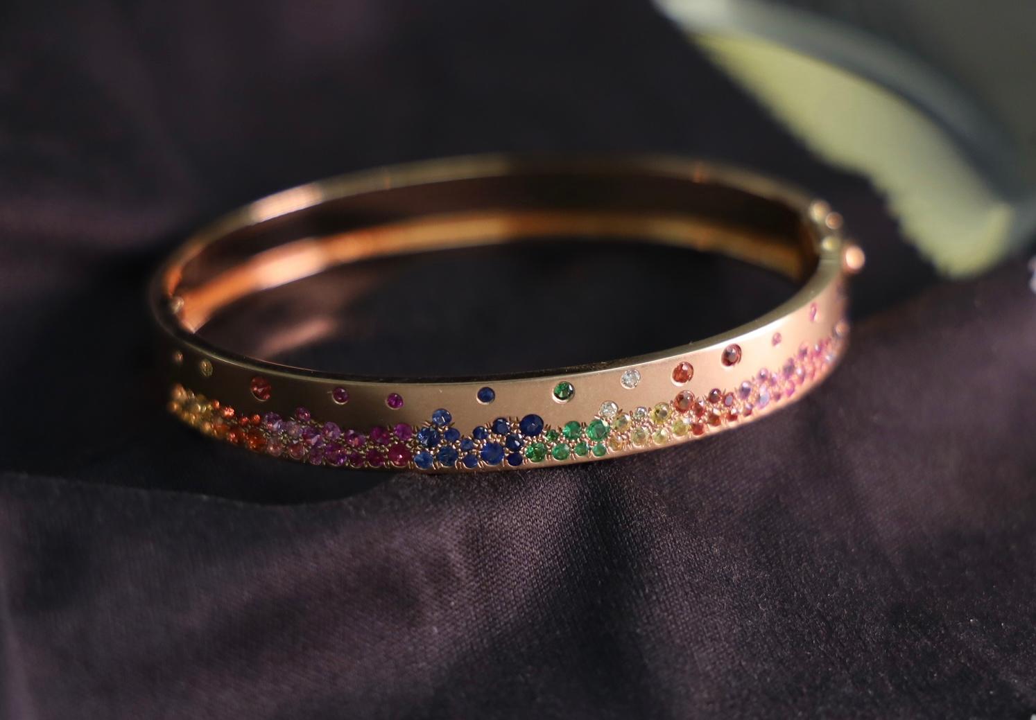 Round Cut 18K Rose Gold Bracelet with Multi-Color Gemstones and Diamonds For Sale