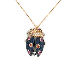 18K Rose Gold Brown Diamond & Blue Sapphire Ladybug Pendant Necklace