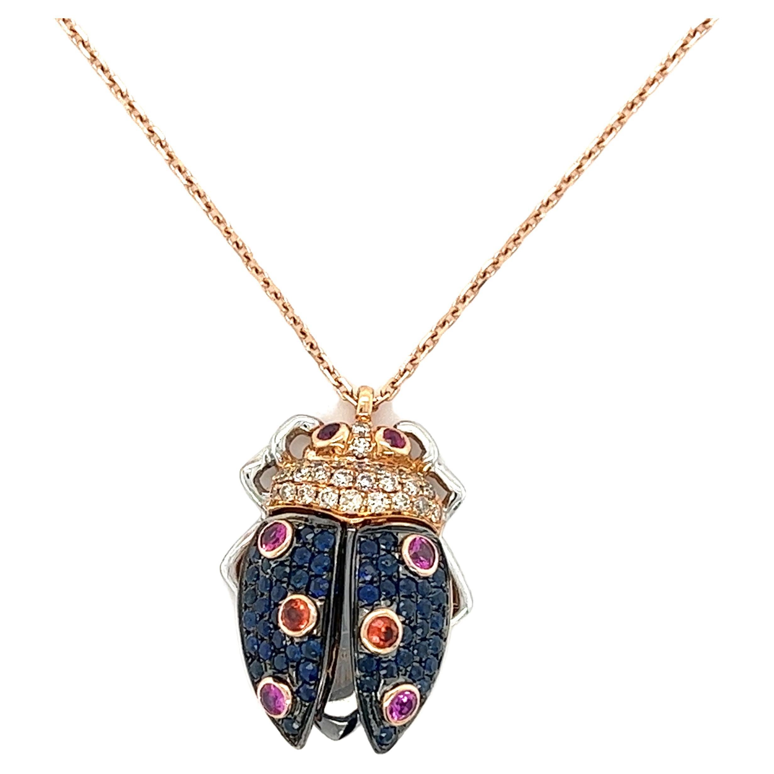 18K Rose Gold Brown Diamond & Blue Sapphire Ladybug Pendant Necklace For Sale