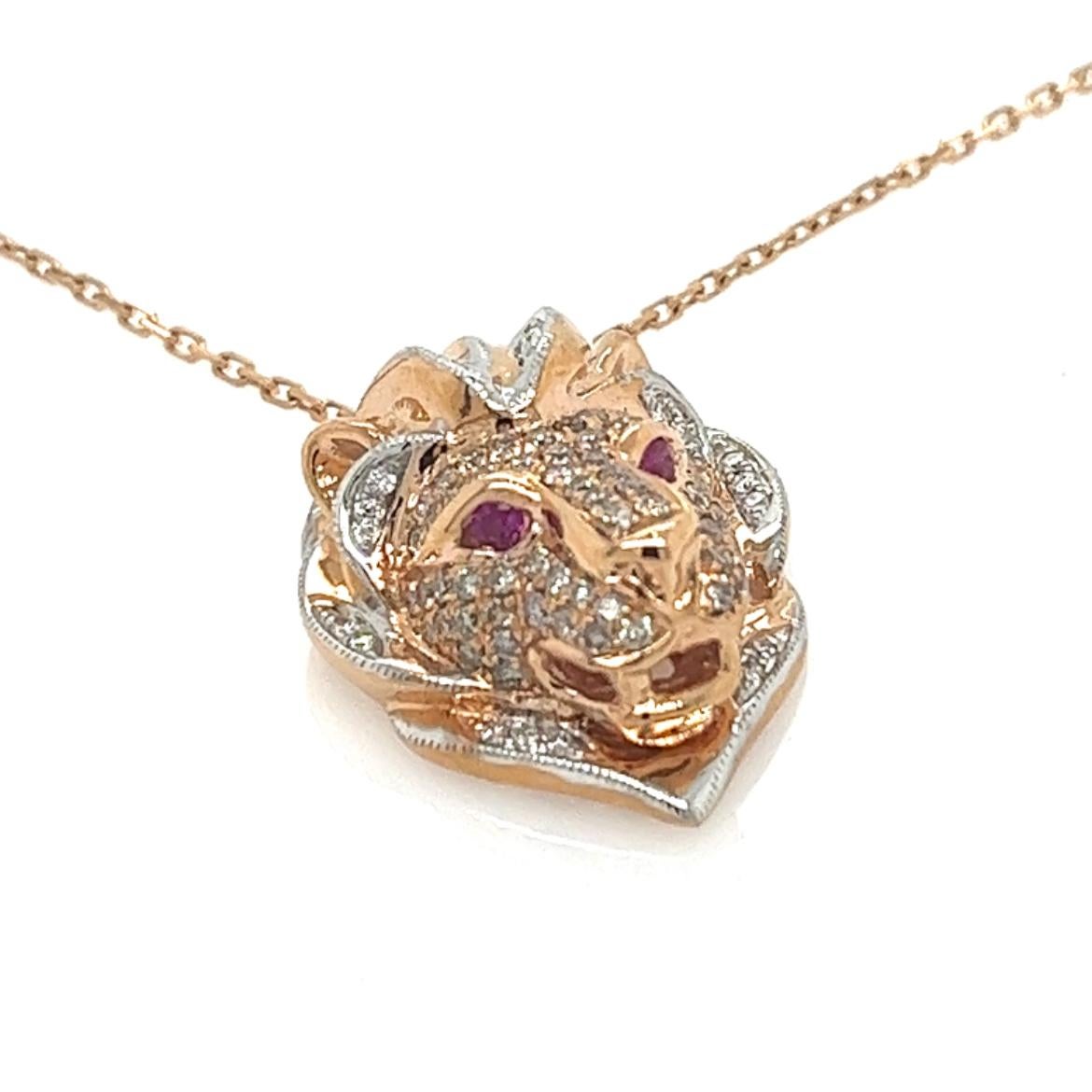 18K Rose Gold Brown Diamond Lion Necklace with Rubies

69 Brown Diamonds - 0.58 CT
23 Diamonds - 0.15 CT
2 Rubies - 0.06 CT
18K Rose Gold - 10.39 GM

Roaring with regal elegance, this captivating necklace is a masterful fusion of nature's fiercest