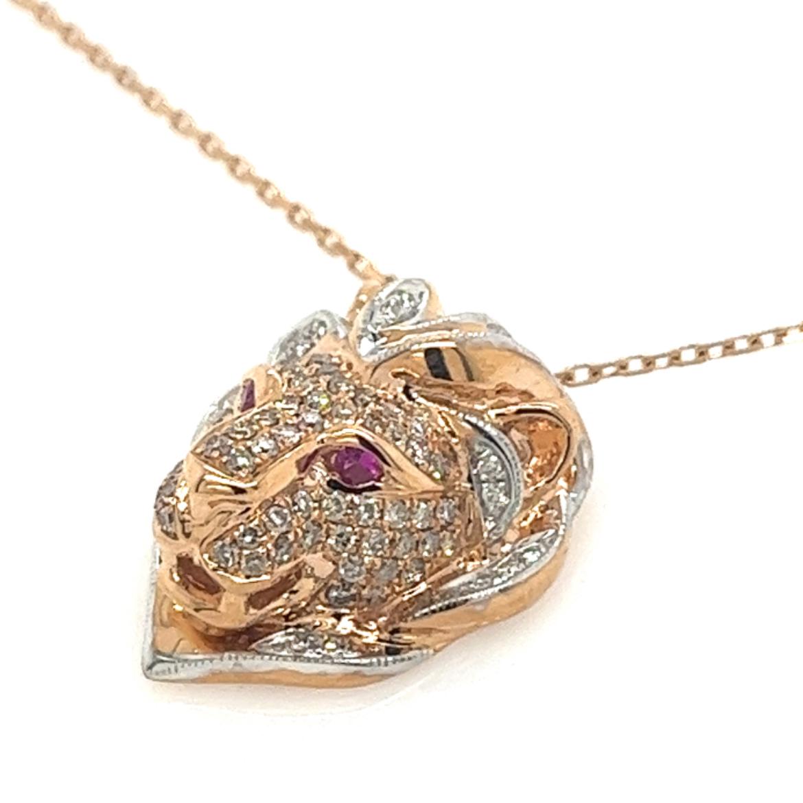 Modern 18K Rose Gold Brown Diamond Lion Necklace with Rubies For Sale