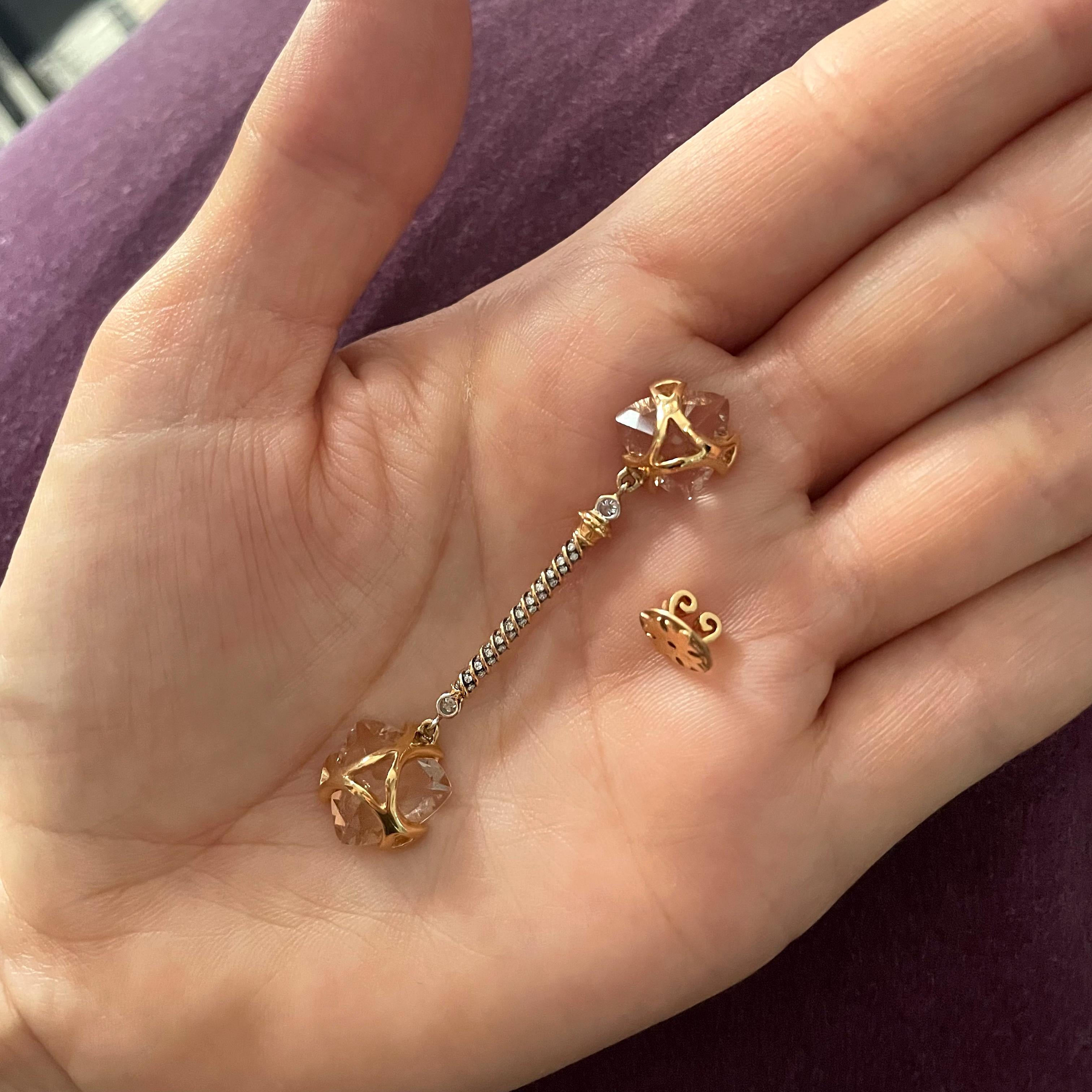Contemporary 18k Rose Gold, Brown Diamonds, Trillions Morganite Earrings For Sale