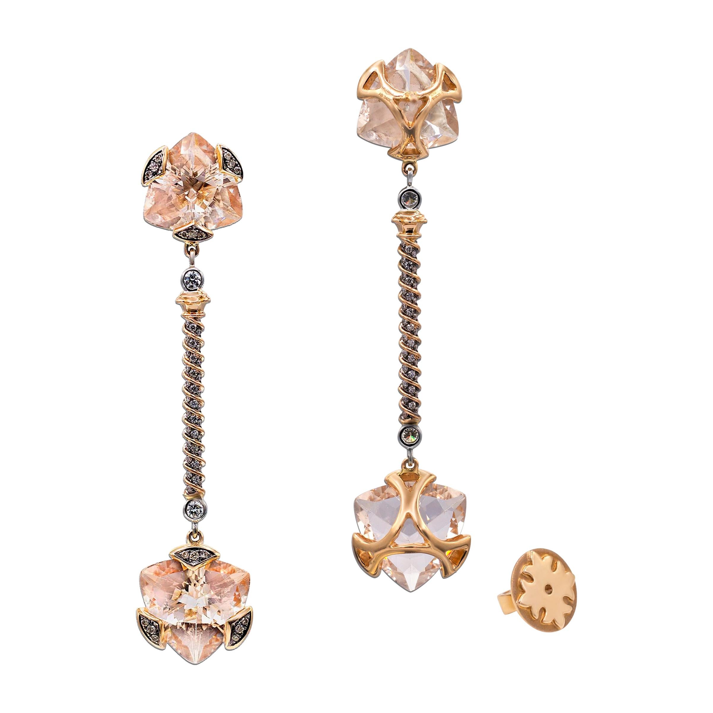 18k Rose Gold, Brown Diamonds, Trillions Morganite Earrings For Sale