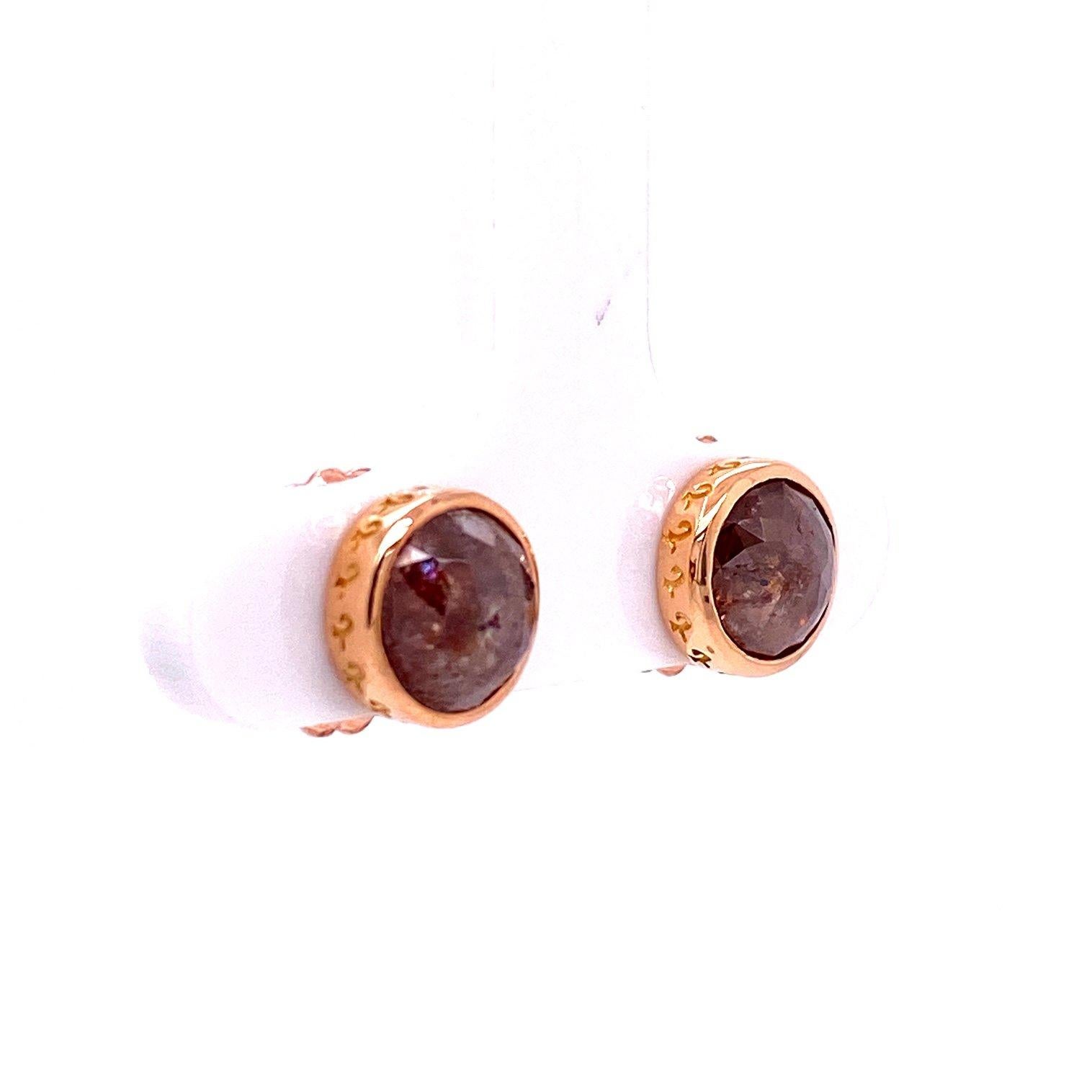 Contemporary 18k Rose Gold Brown Rose Cut Diamond Studs with Golden Pearl and Diamond Jackets For Sale