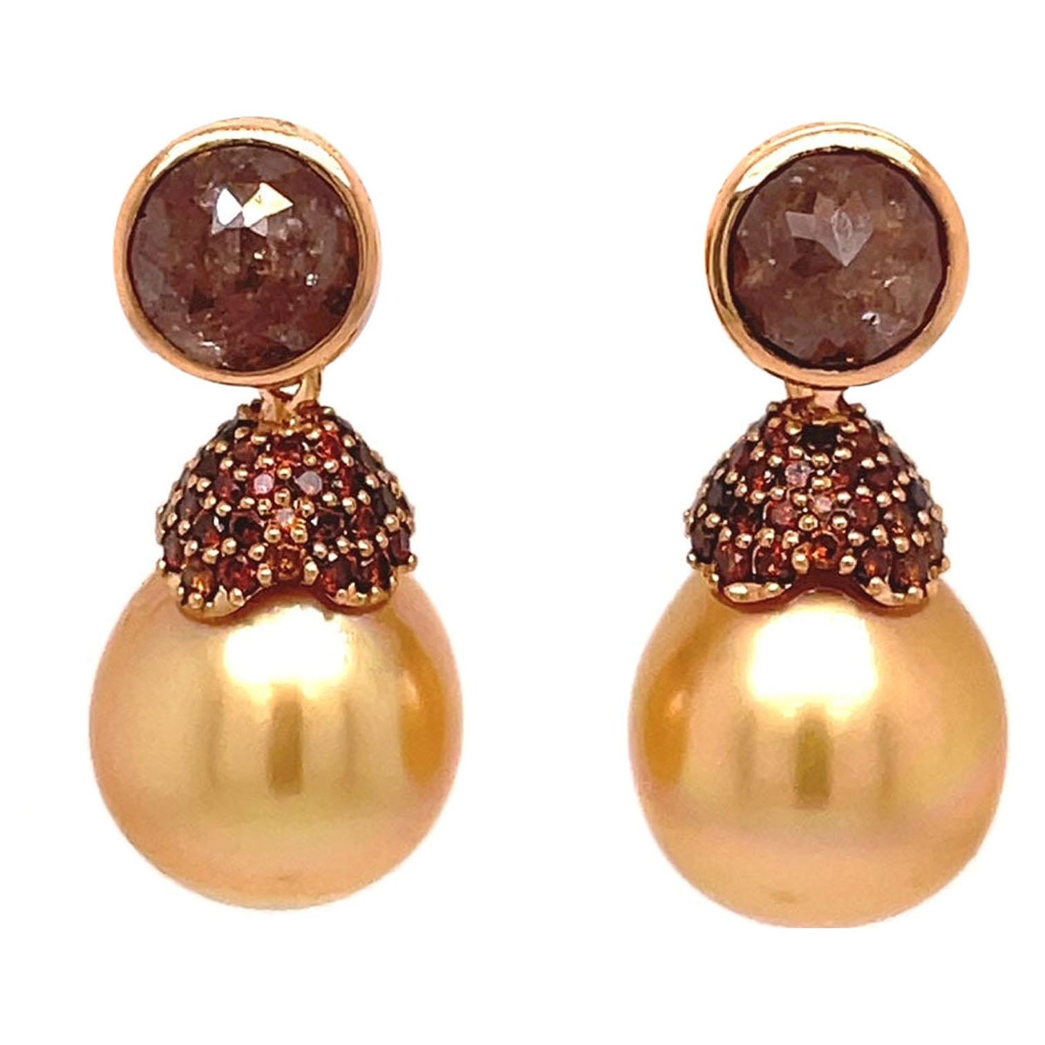 18k Rose Gold Brown Rose Cut Diamond Studs with Golden Pearl and Diamond Jackets For Sale