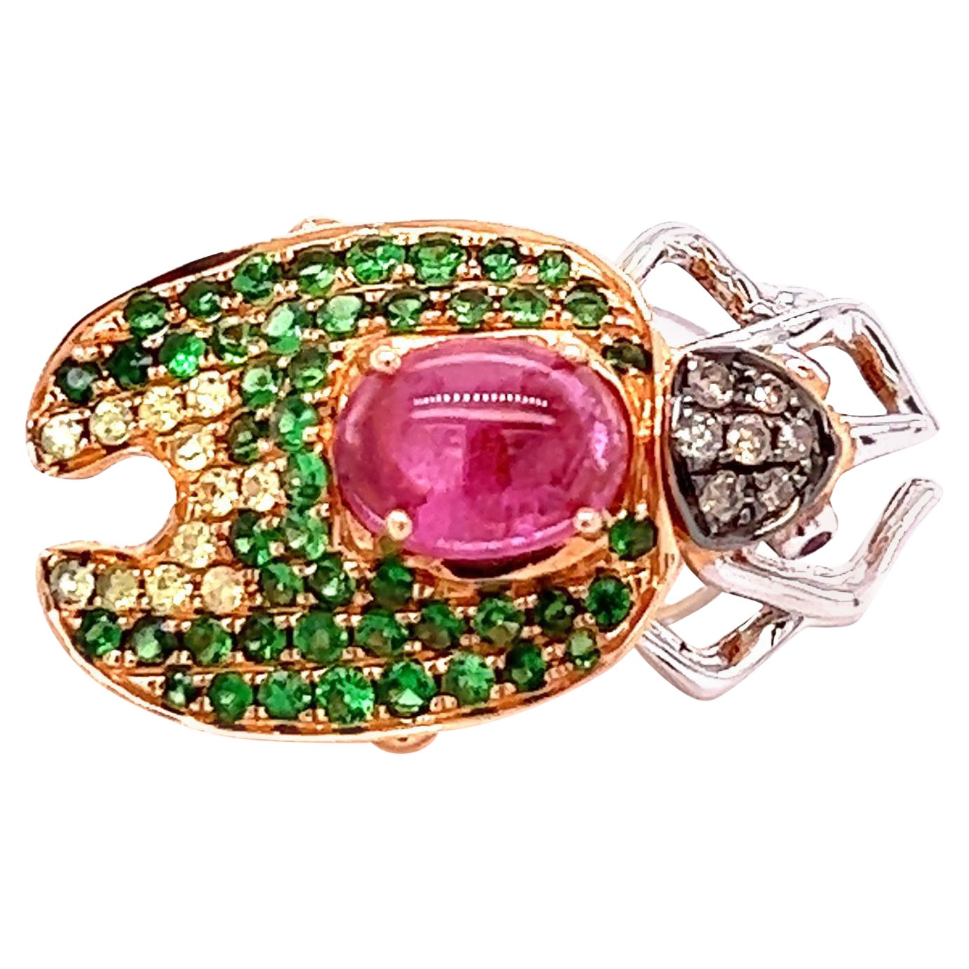 Broche en or rose 18 carats en forme d'insecte en rubélite et grenat vert