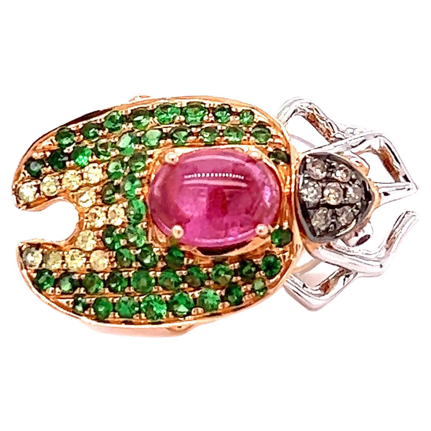 Broche en forme d'insecte en or rose 18 carats, rubélite et grenat vert en vente