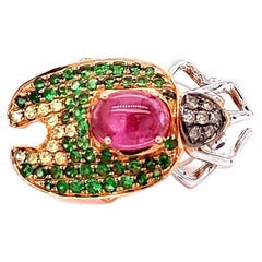 18K Rose Gold Bug Shaped Rubelite and Green Garnet Brooch