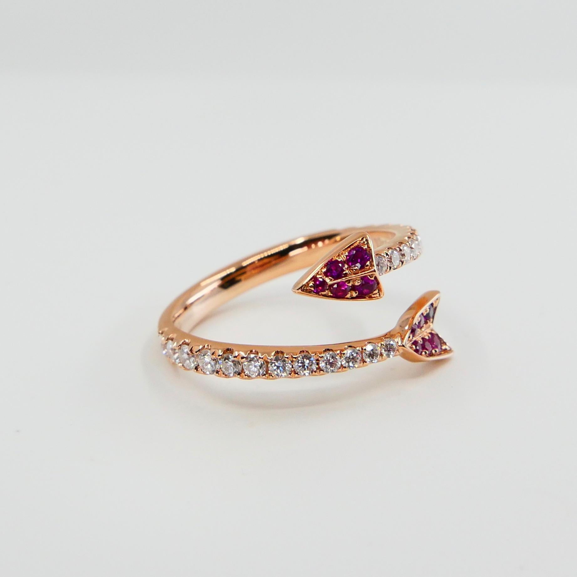 18 Karat Rose Gold Burma Red Rubies and Diamond Band Ring, Cupid's Arrow For Sale 6
