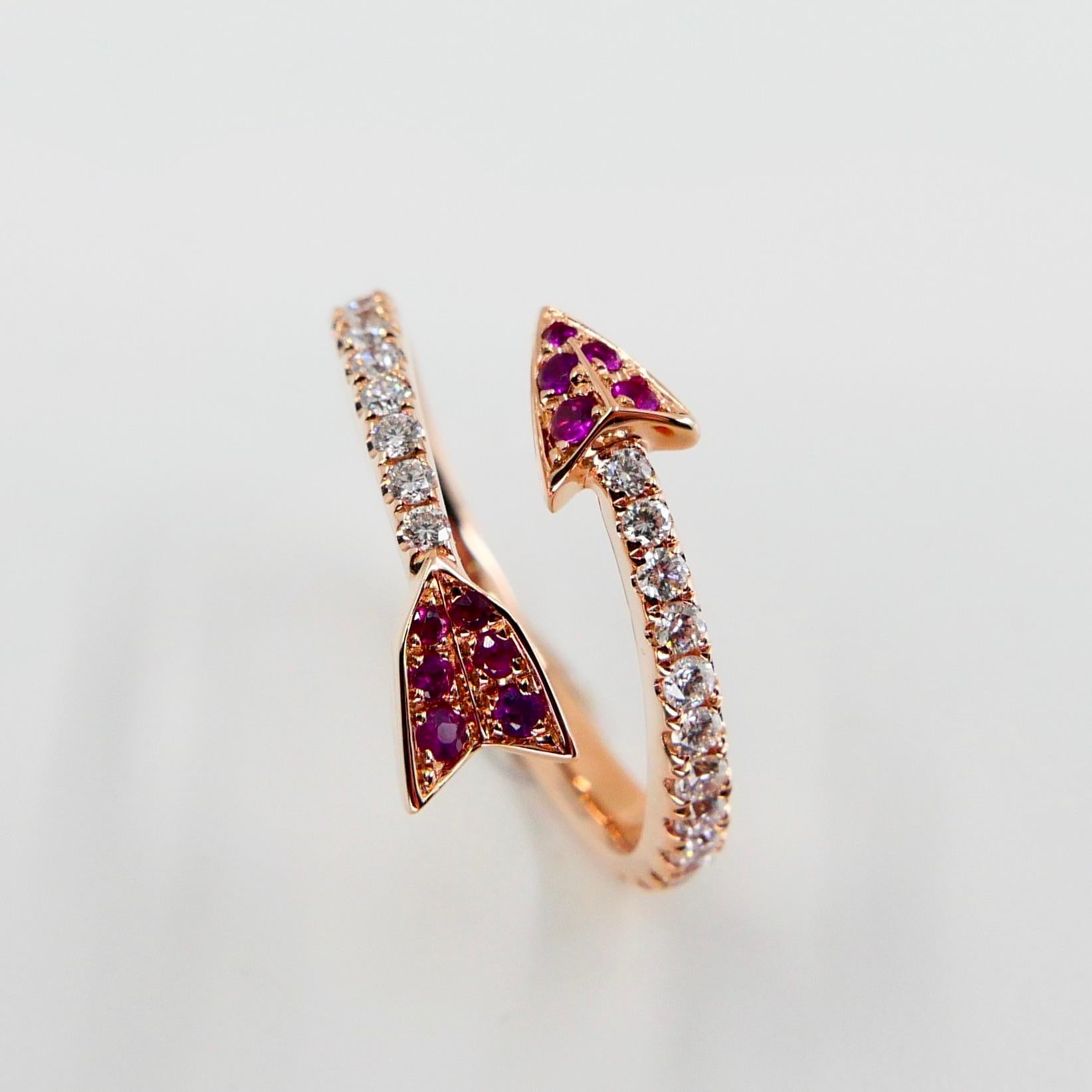 Round Cut 18 Karat Rose Gold Burma Red Rubies and Diamond Band Ring, Cupid's Arrow For Sale