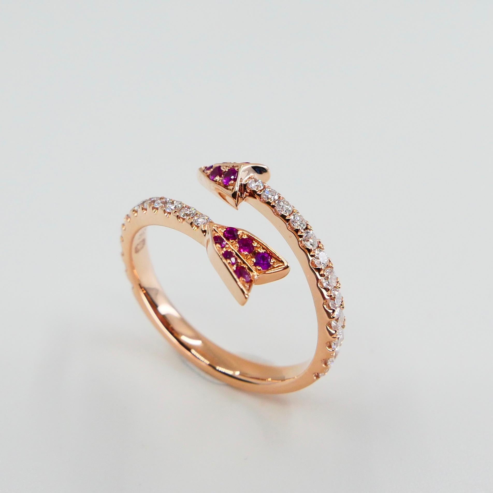 18 Karat Rose Gold Burma Red Rubies and Diamond Band Ring, Cupid's Arrow In New Condition For Sale In Hong Kong, HK
