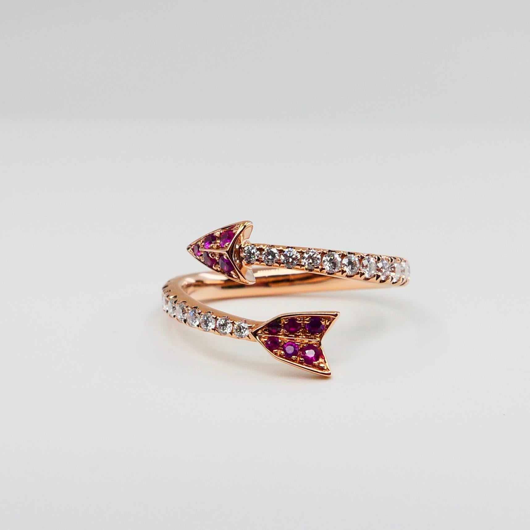 18 Karat Rose Gold Burma Red Rubies and Diamond Band Ring, Cupid's Arrow For Sale 2