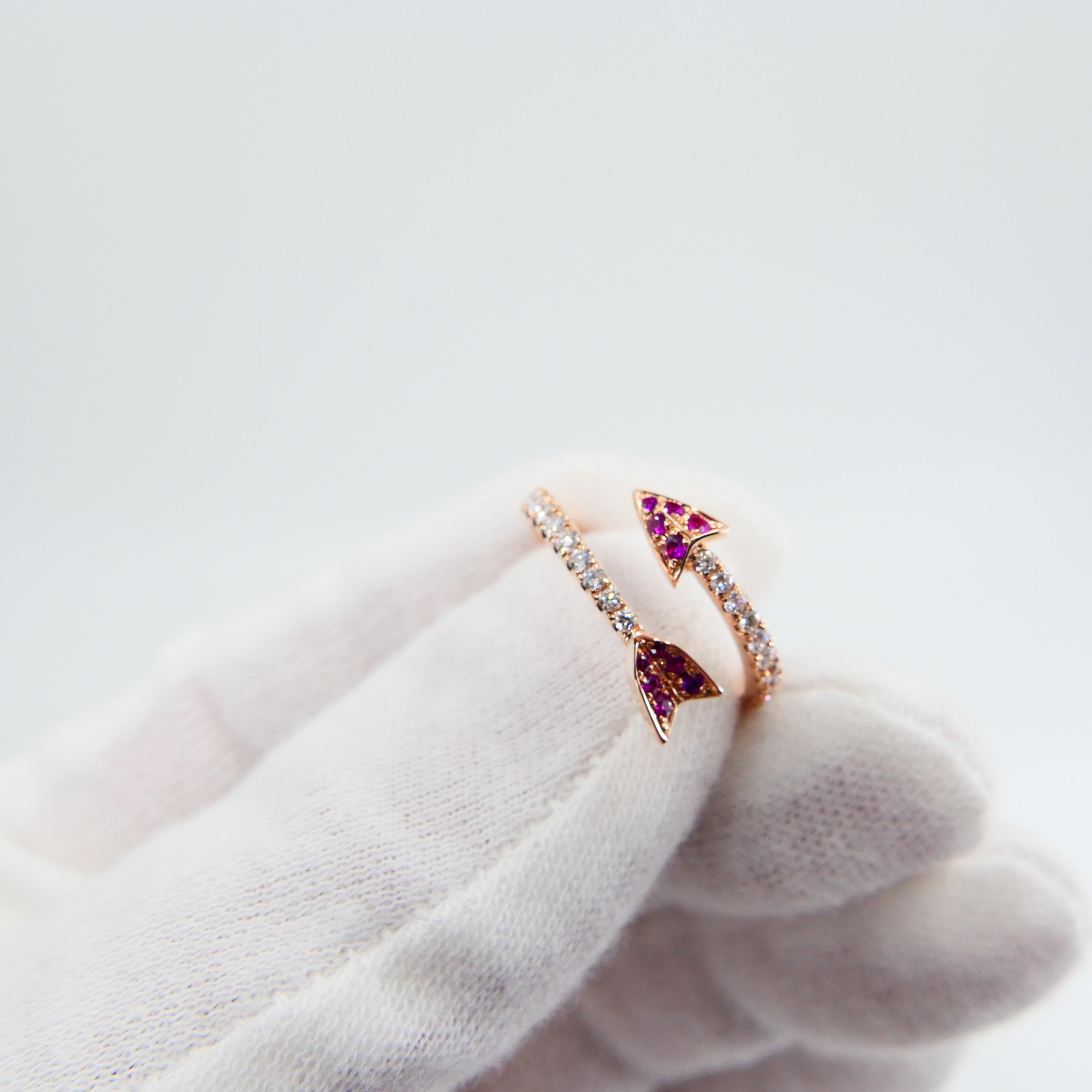 18 Karat Rose Gold Burma Red Rubies and Diamond Band Ring, Cupid's Arrow For Sale 3