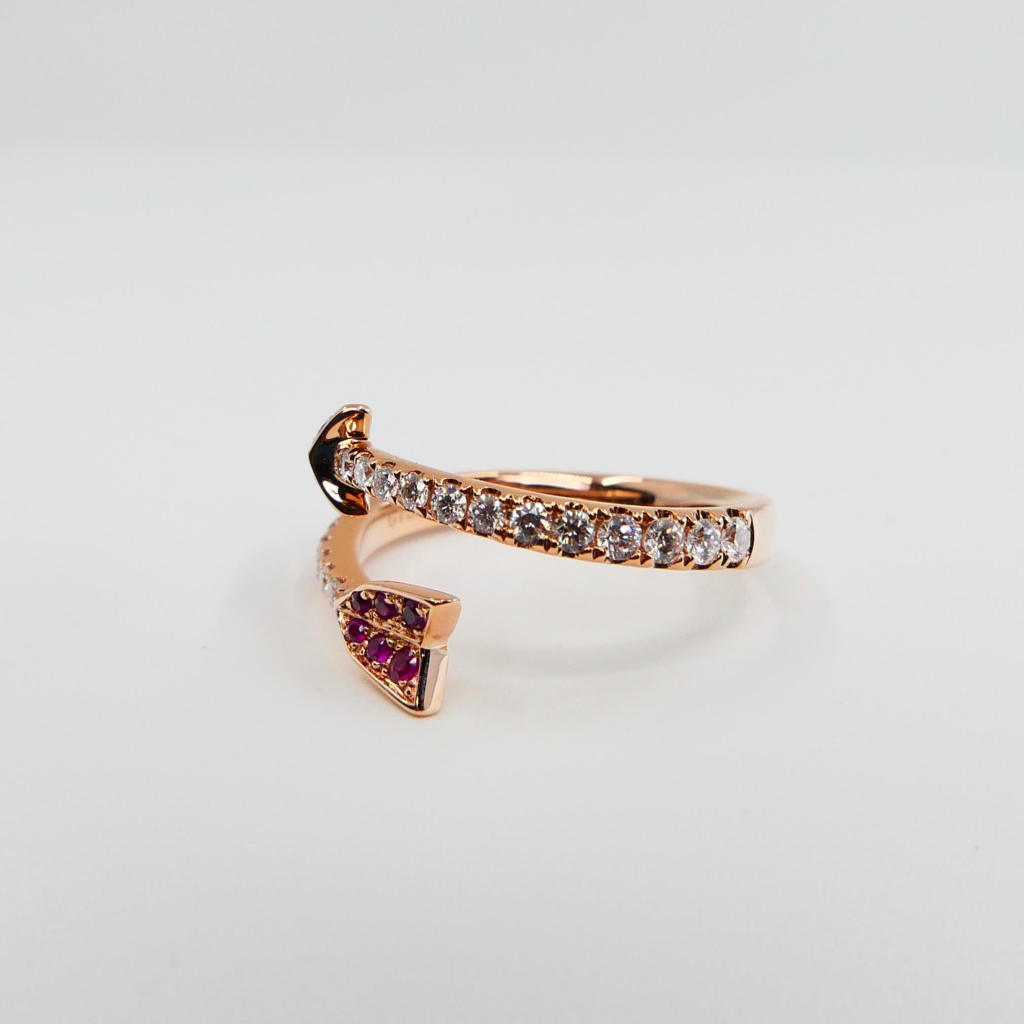 18 Karat Rose Gold Burma Red Rubies and Diamond Band Ring, Cupid's Arrow For Sale 4