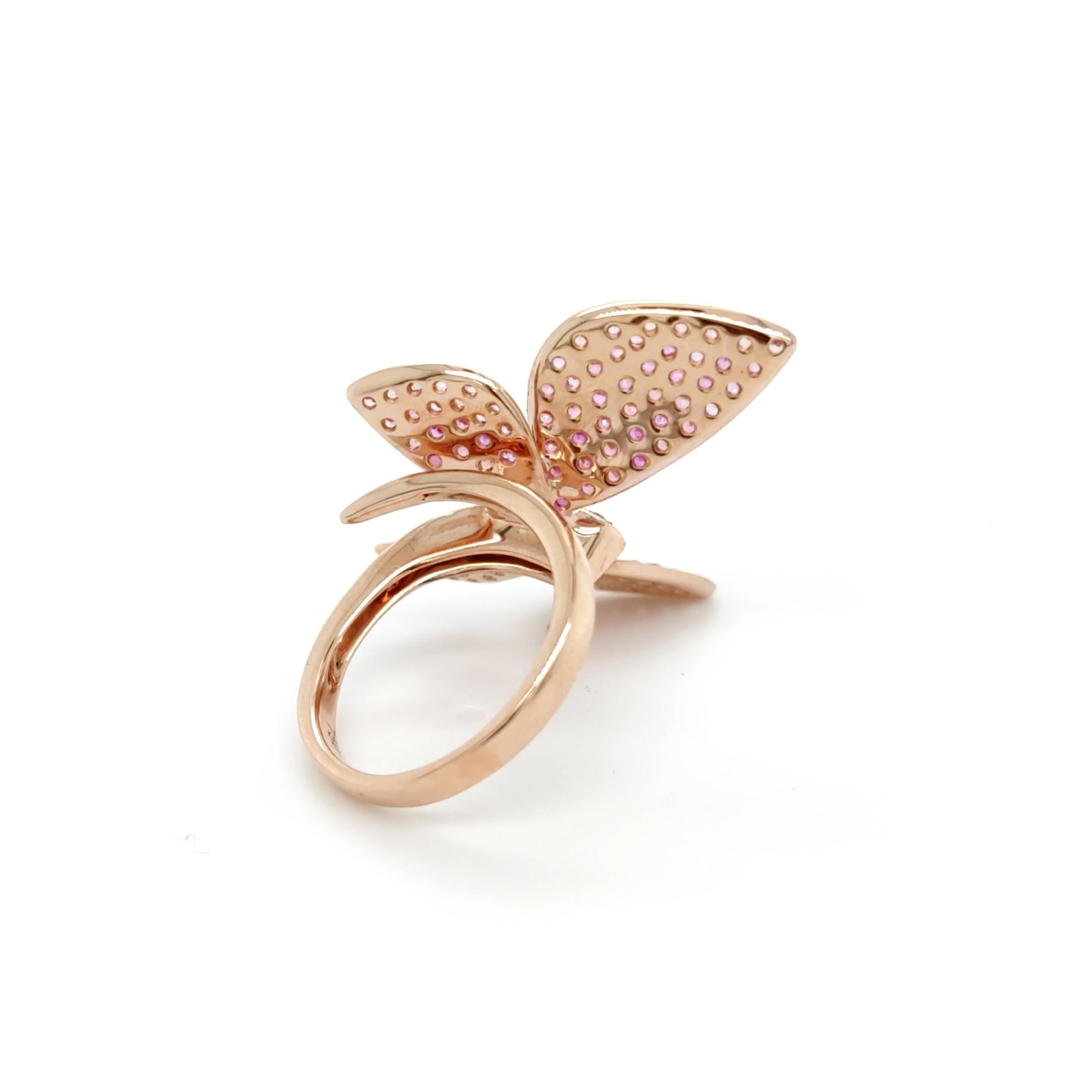 Modern 18K Rose Gold Butterfly Garden Pink Sapphire Diamond Open Cocktail Ring For Sale