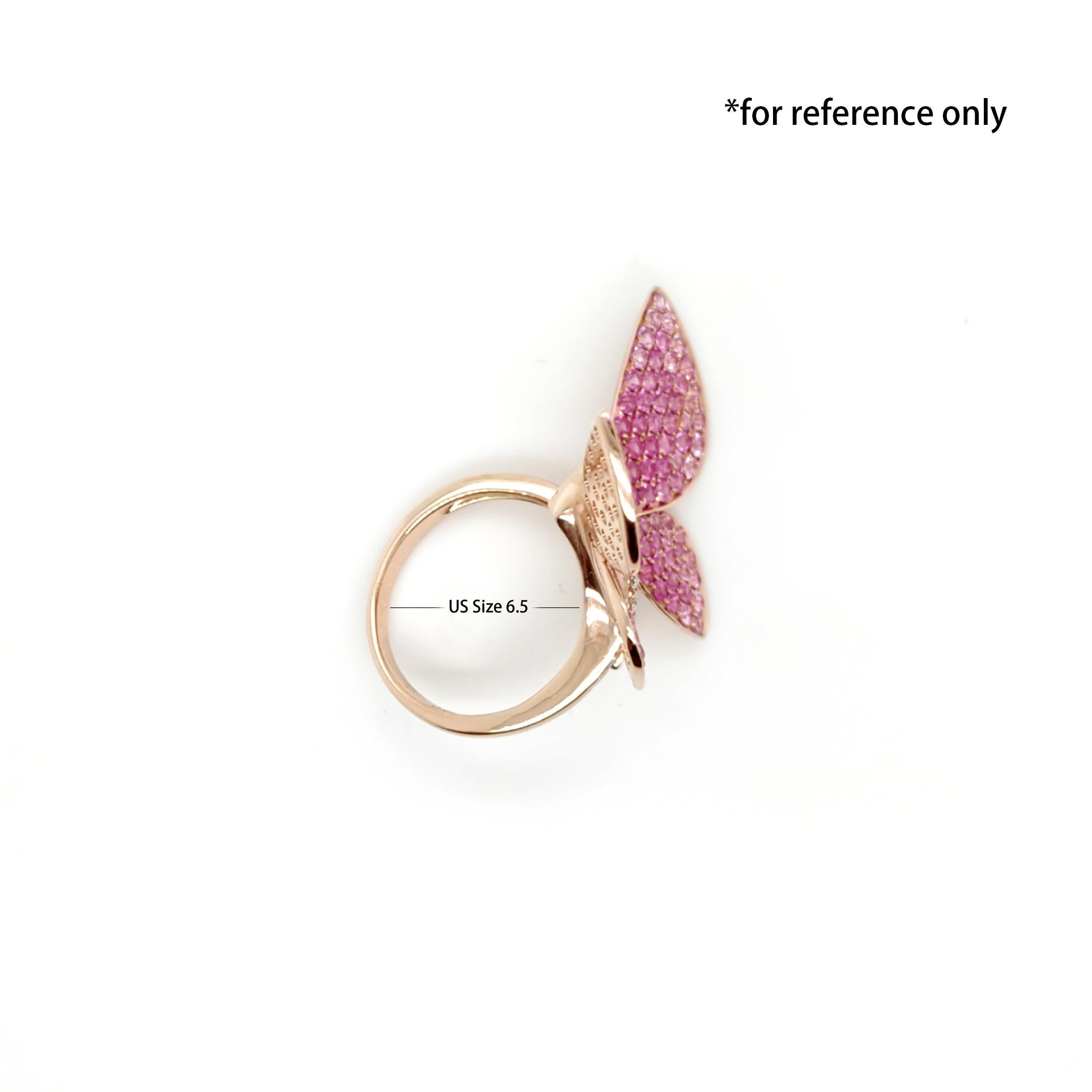 Round Cut 18K Rose Gold Butterfly Garden Pink Sapphire Diamond Open Cocktail Ring For Sale