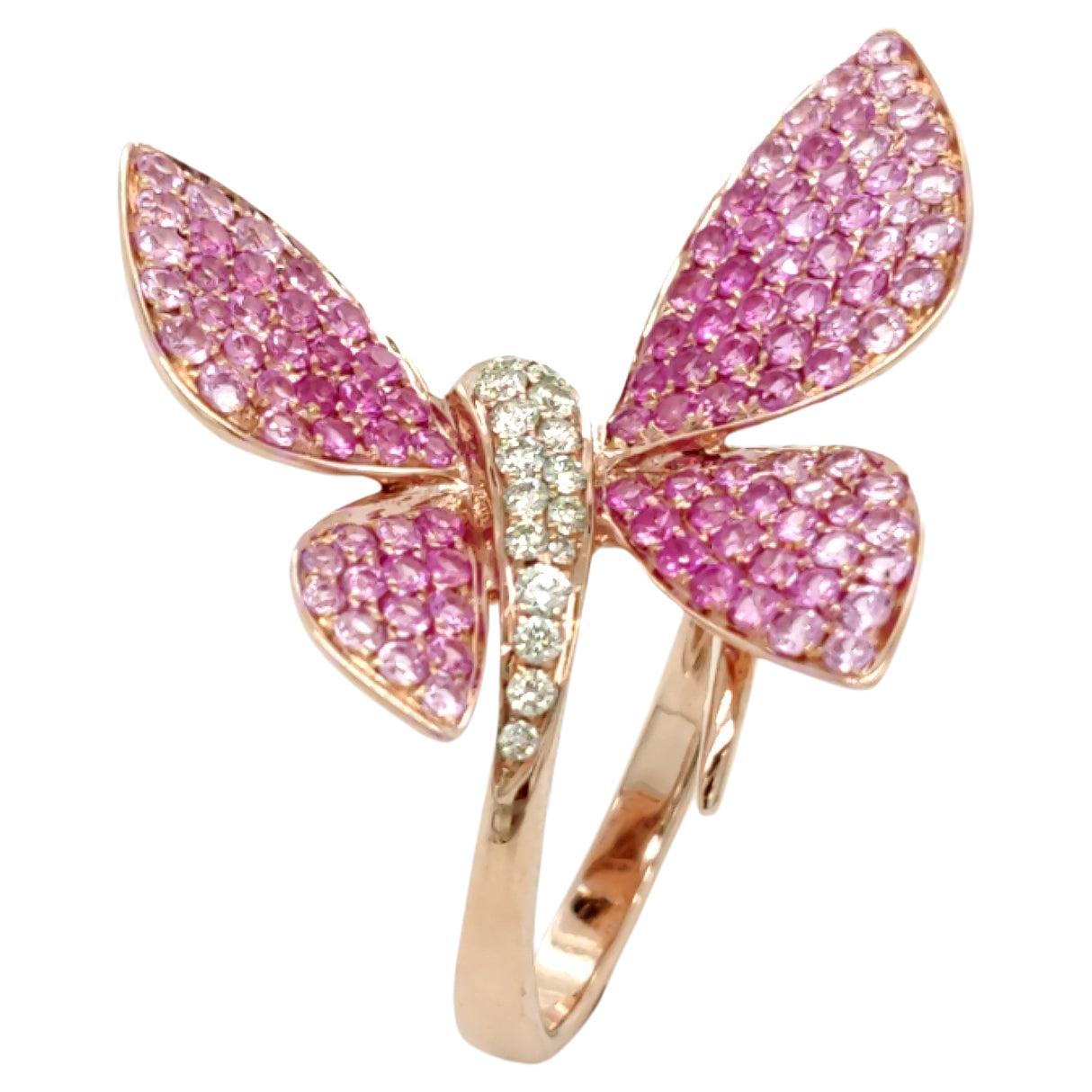 18K Rose Gold Butterfly Garden Pink Sapphire Diamond Open Cocktail Ring For Sale