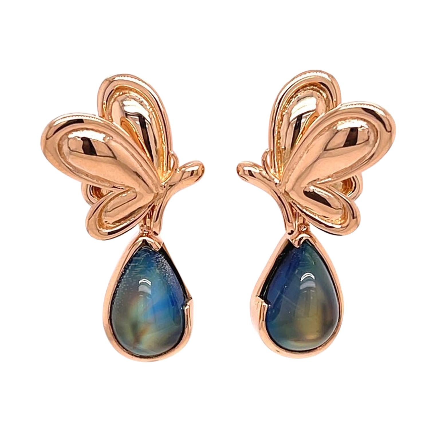 18k Rose Gold Butterfly Studs with 18k Rose Gold Rainbow Moonstone Jackets For Sale