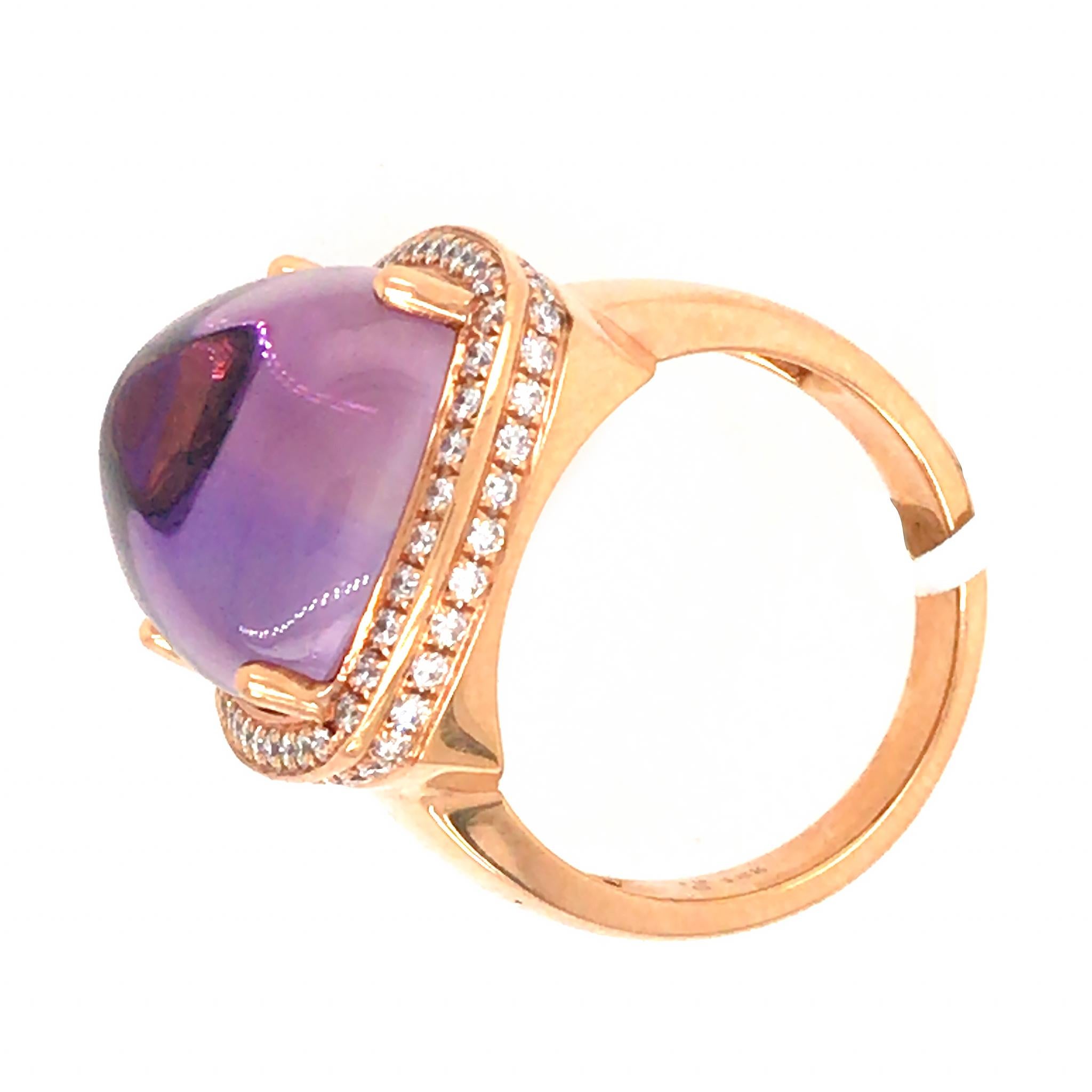 18k Rose Gold
Amethyst: 11.78 tcw
Diamond: 0.58 ct twd
Ring Size: 6.5
Total Weight: 12.4 grams