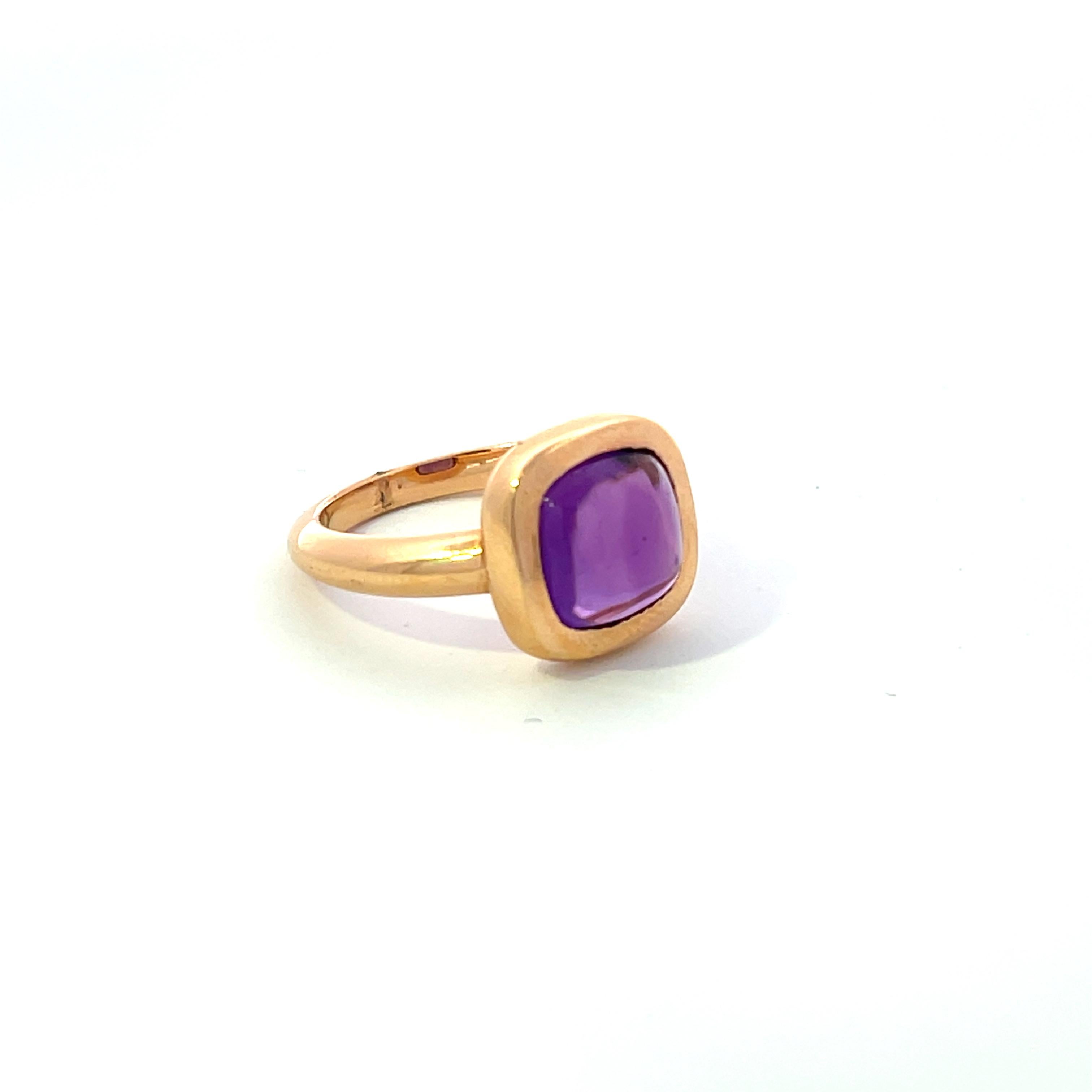 The ring is set in 18K Rose Gold with a 3.05ct Cabochon Amethyst Center. The amethyst is in a bezel setting and is currently at a size 5.75 but can be resized. 
