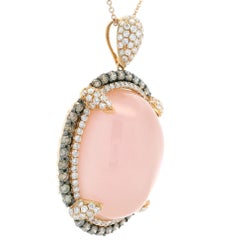 18k Rose Gold Cabochon Rose Quartz & 1.46ctw Halo Fancy Diamond Pendant Necklace