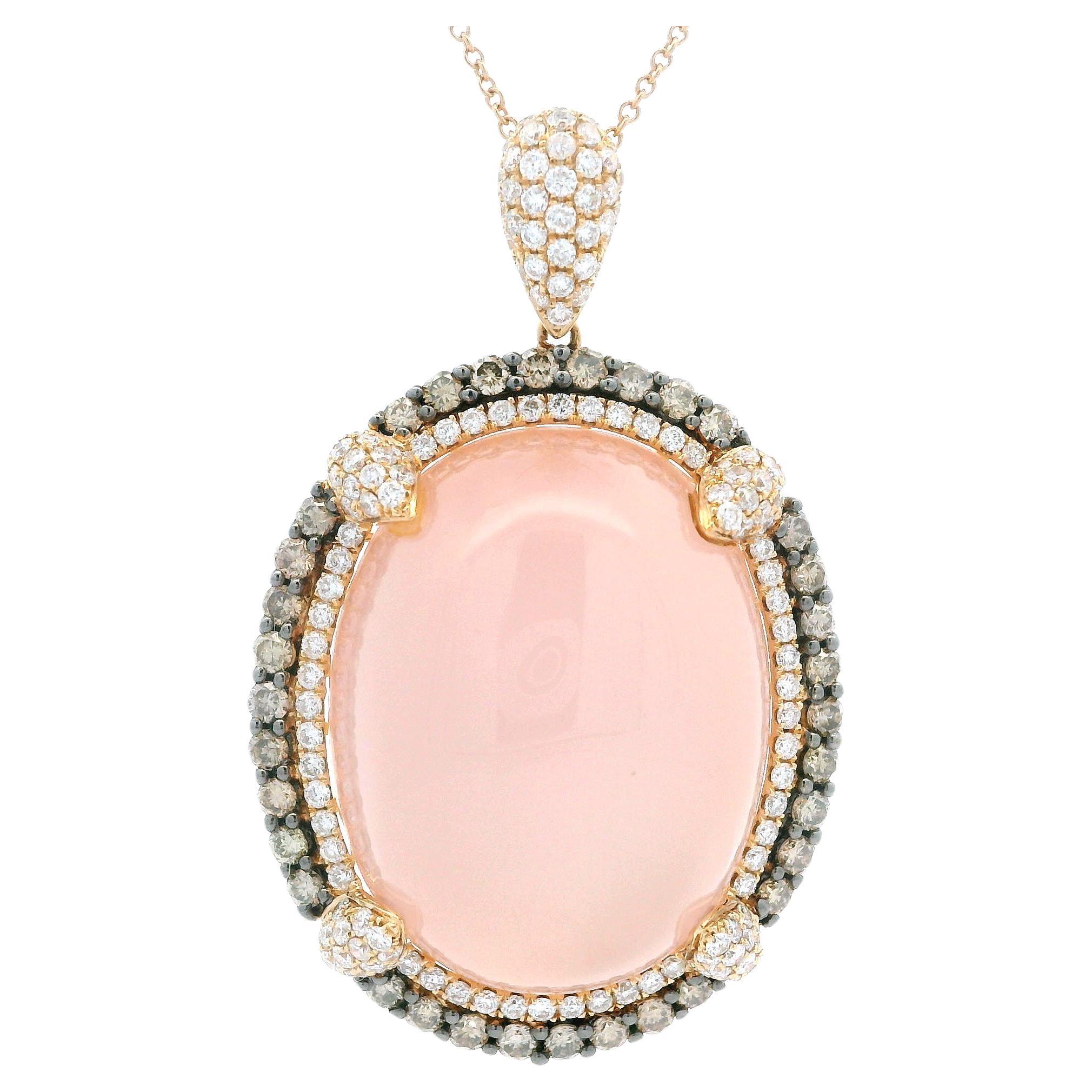 18k Rose Gold Cabochon Rose Quartz & 1.46ctw Halo Fancy Diamond Pendant Necklace