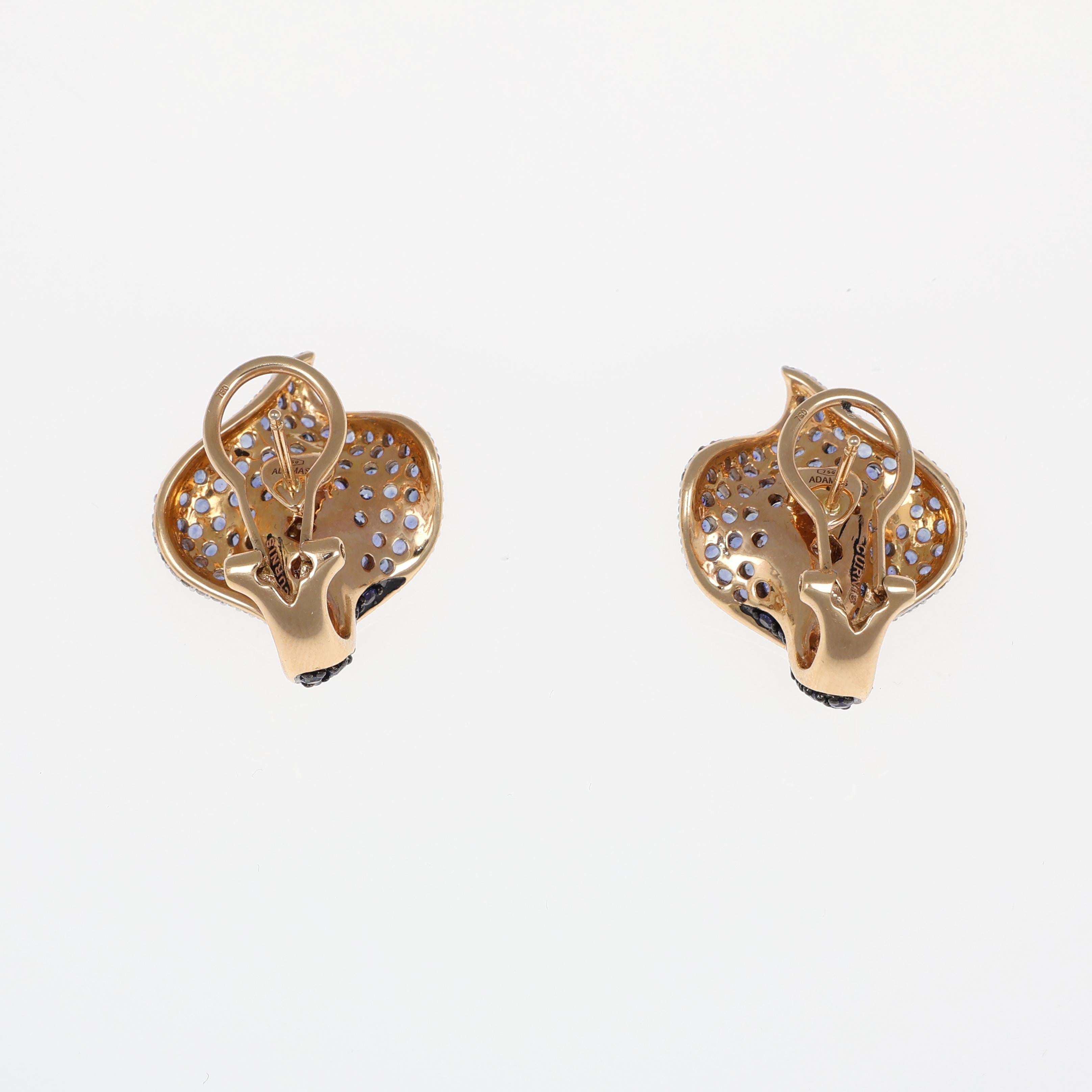 Brilliant Cut 18K Rose Gold Calla Earrings with Blue Sapphires and Diamonds For Sale