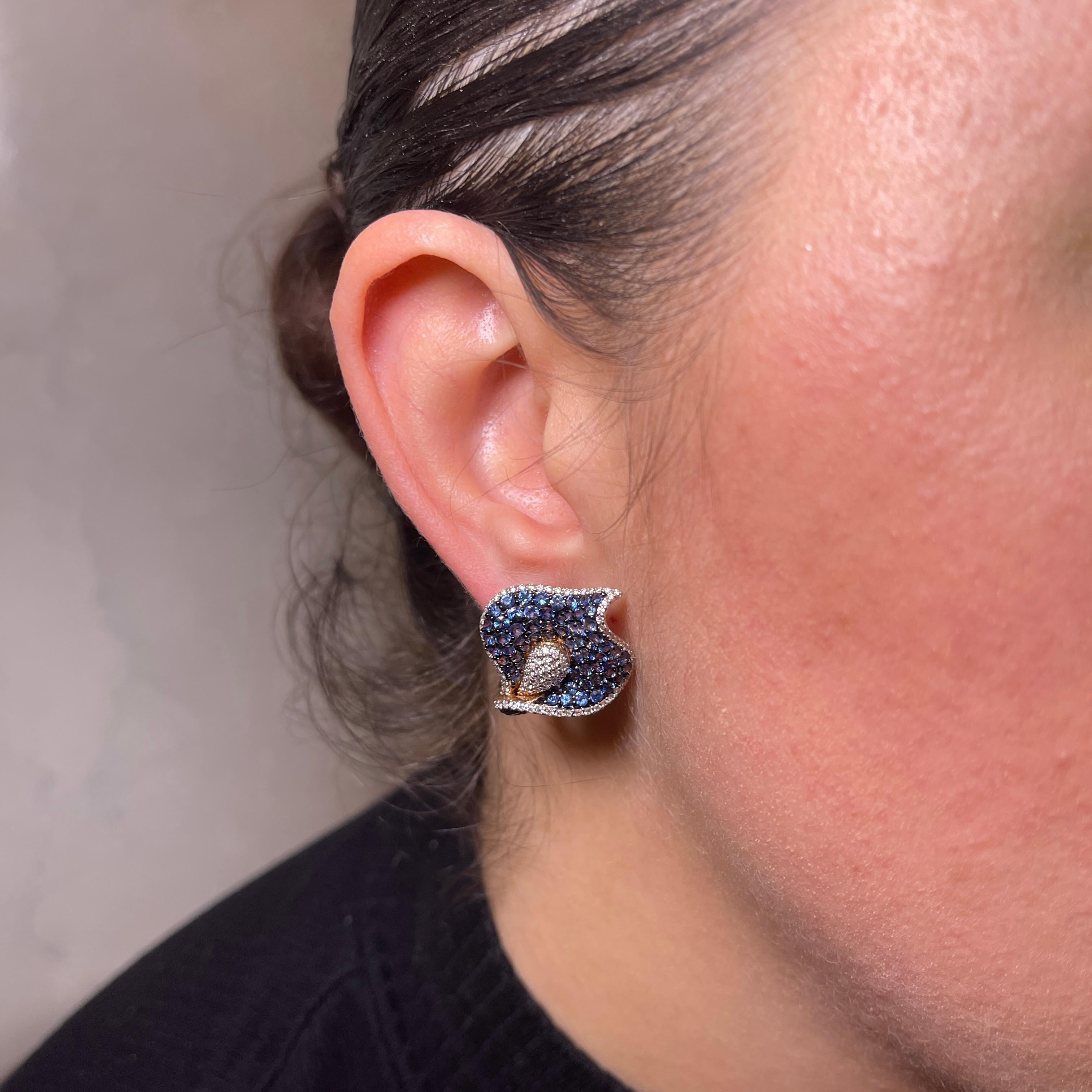 Women's or Men's 18K Rose Gold Calla Earrings with Blue Sapphires and Diamonds For Sale