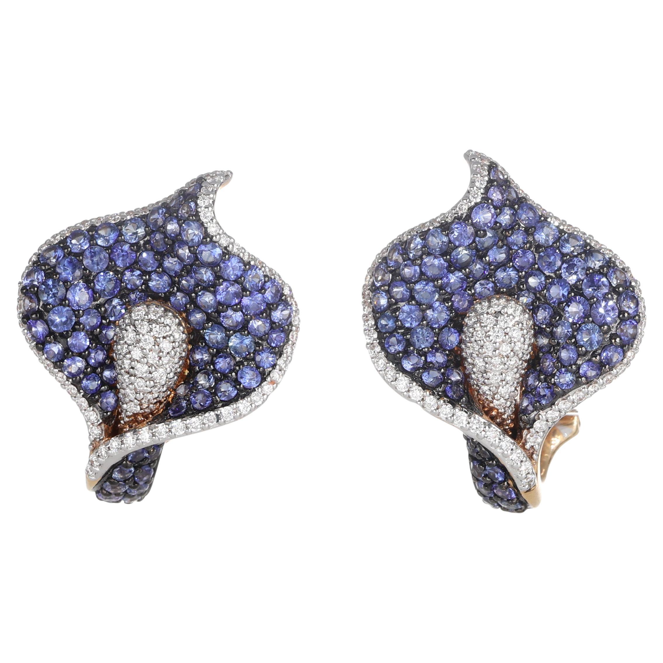 18K Rose Gold Calla Earrings with Blue Sapphires and Diamonds For Sale