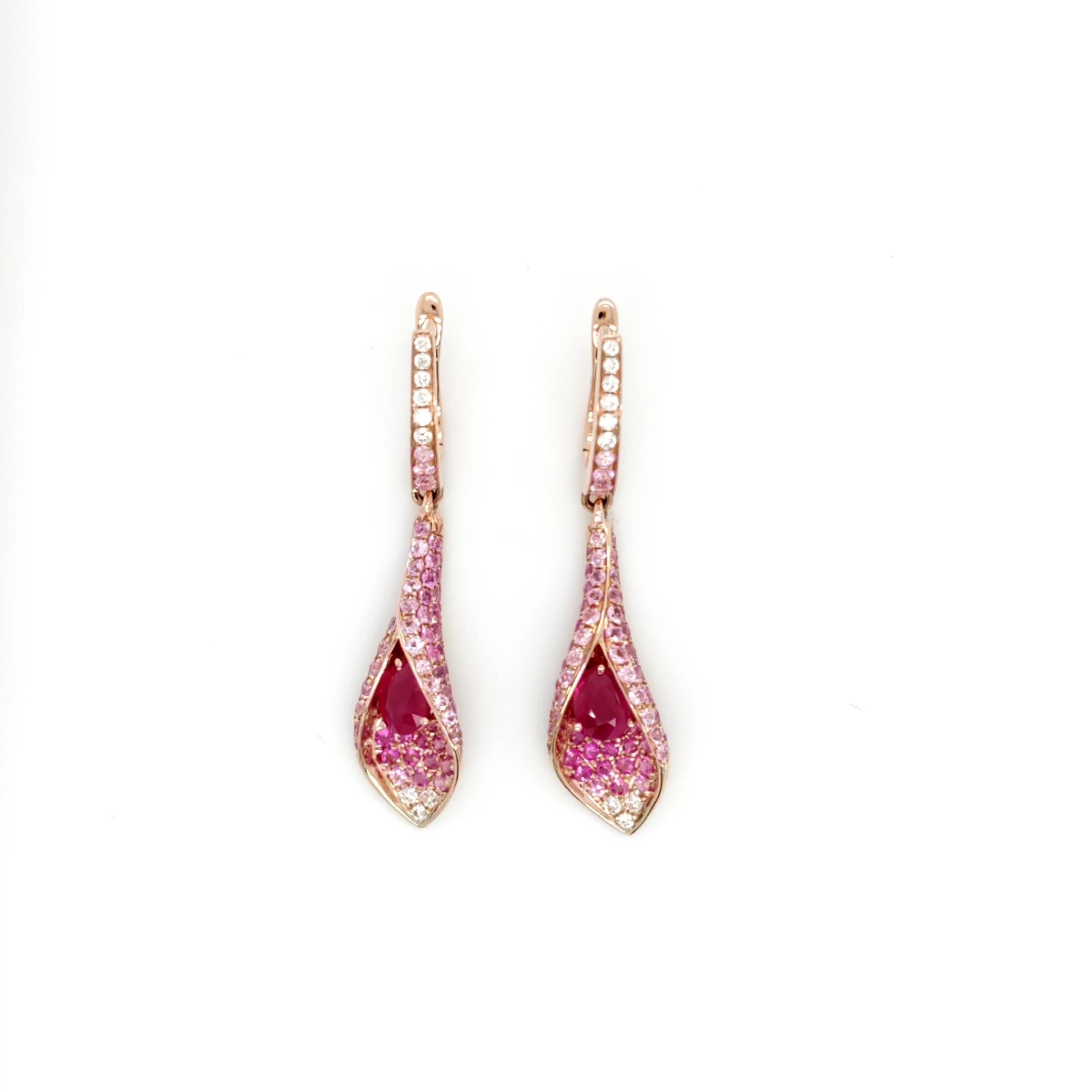 Round Cut 18K Rose Gold Calla Lily Burma Ruby Pink Sapphire Colored Diamond Drop Earrings For Sale